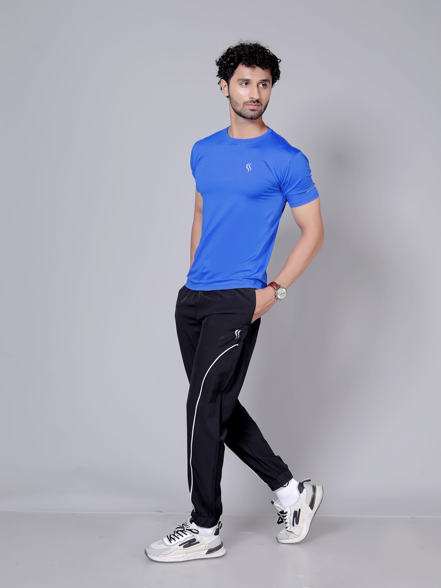 Ultra soft T-shirt and stripe joggers workout combo | Royal blue T-shirt and black jogger
