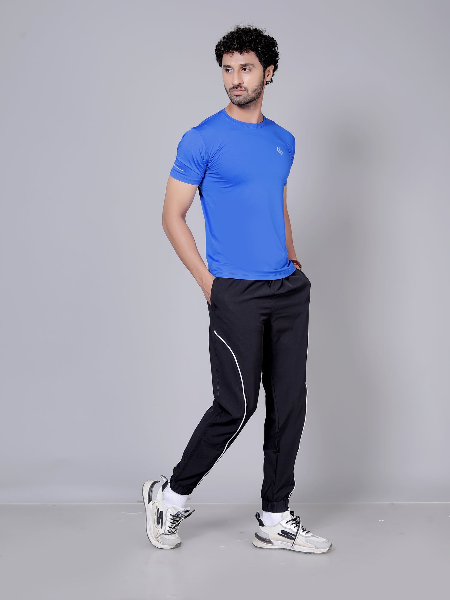 Ultra soft T-shirt and stripe joggers workout combo | Royal blue T-shirt and black jogger