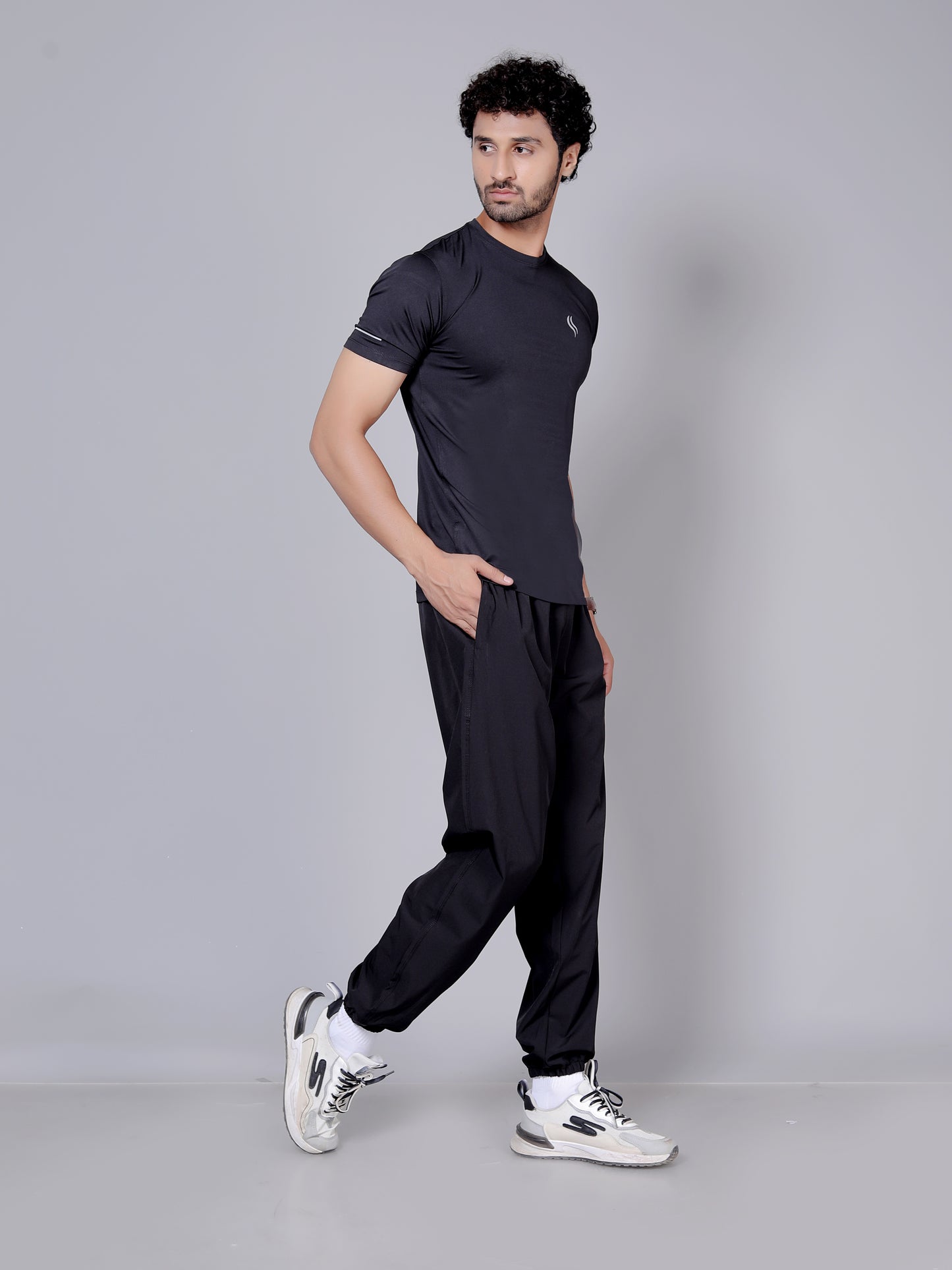 Ultra soft T-shirt and stripe joggers workout combo | Black T-shirt and black jogger