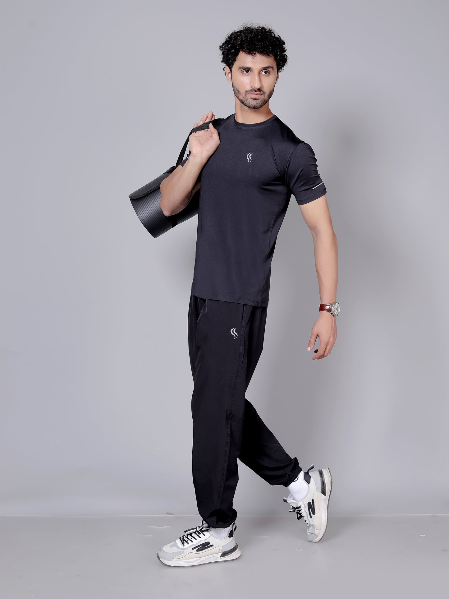 Ultra soft T-shirt and stripe joggers workout combo | Black T-shirt and black jogger