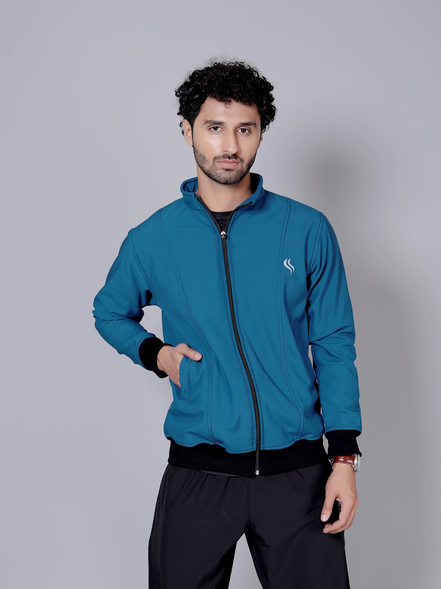 Jacket and joggers workout combo | Blue jacket and black jogger