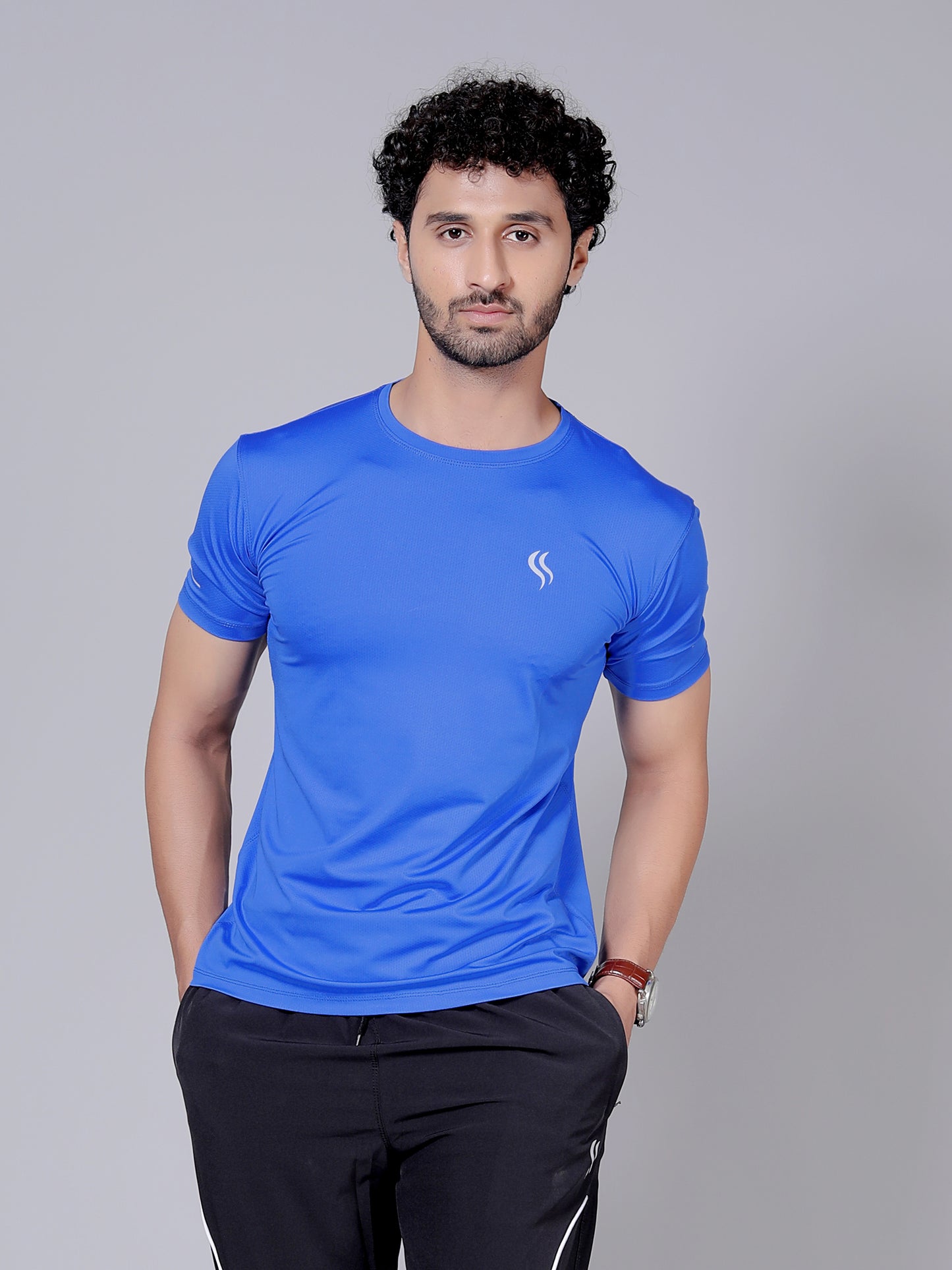 Ultra soft T-shirt and stripe joggers workout combo | Royal blue T-shirt and black jogger