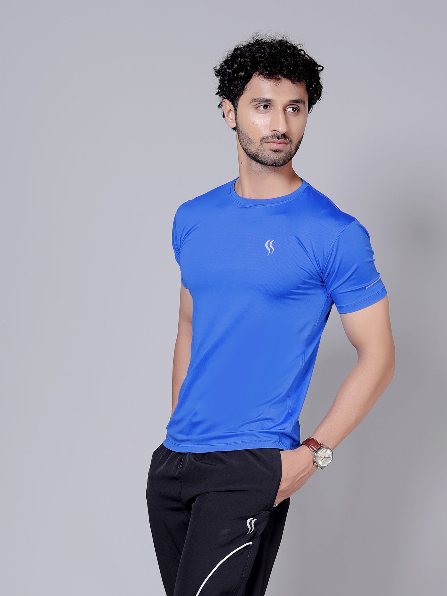 Ultra soft T-shirt and stripe joggers workout combo | Royal blue T-shirt and black jogger