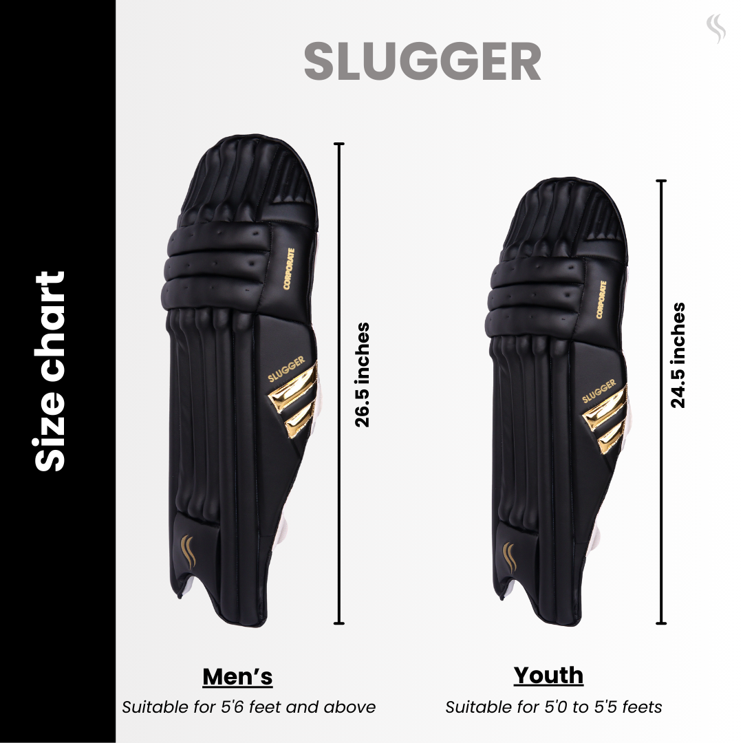 Size Chart of Slugger Cricket black corporate Batting pads showing its size for both Men 26.5 inches and Youth 24.5 inches; available online.