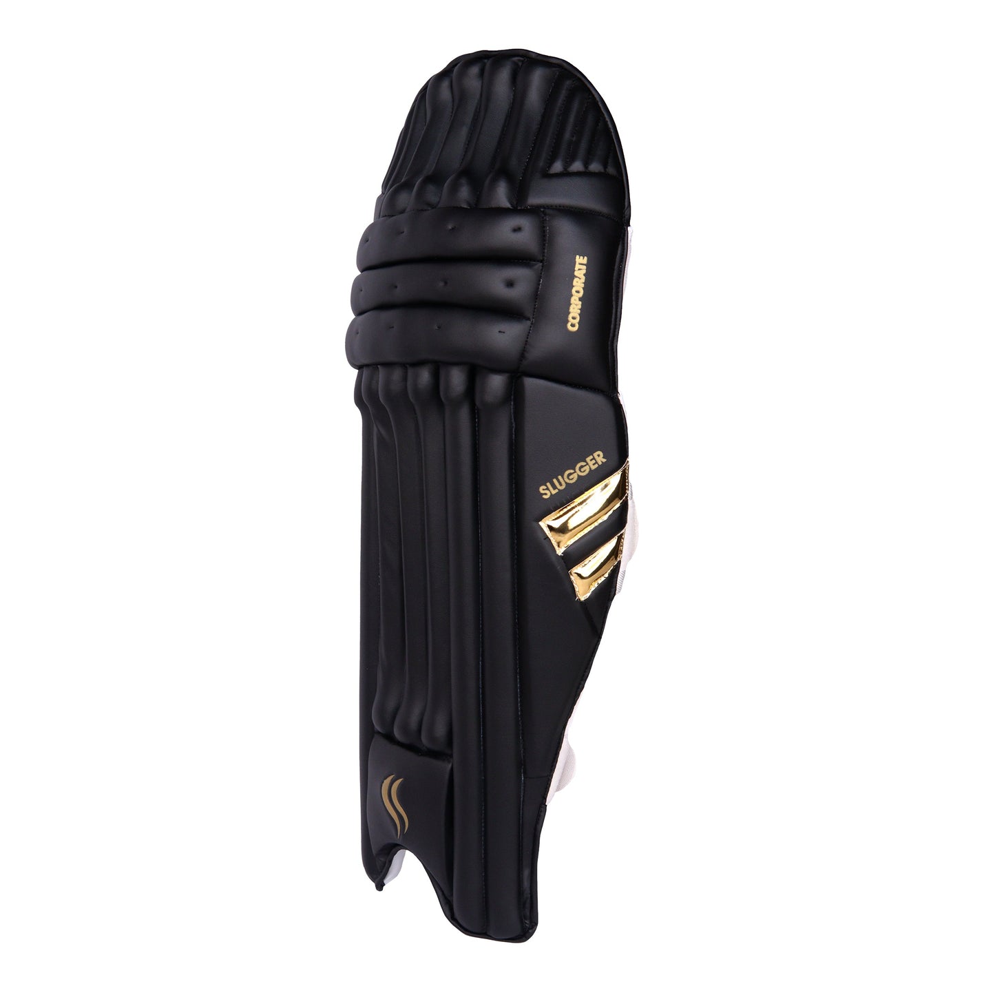 A black slugger corporate cricket batting pads, displaying one side of the pad maintaining a pristine and clean look.