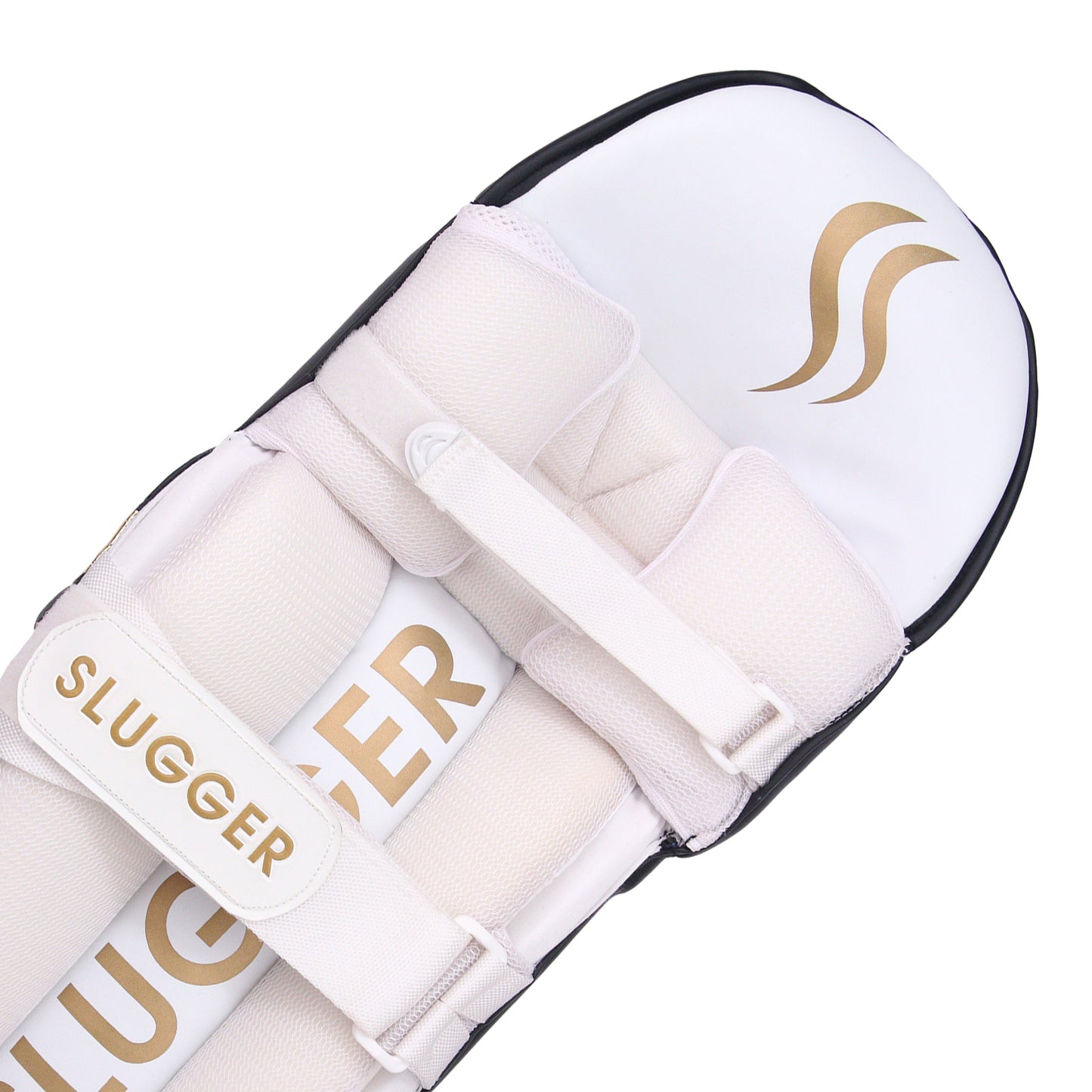 A black slugger corporate cricket batting pads close-up of the back side, showcasing its texture and design against a neutral background.