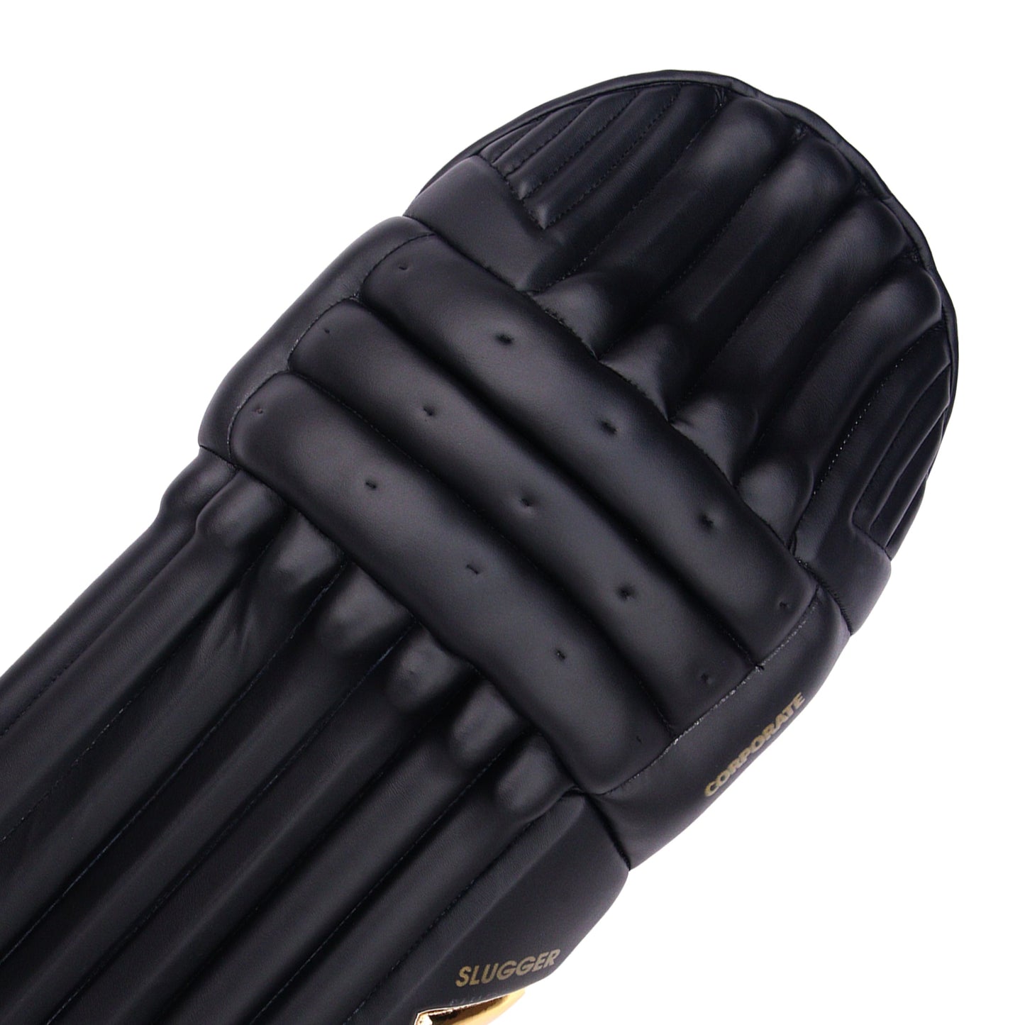 A close-up of the single cricket black corporate batting pad corporate edition displaced the back side, with its stylish material.