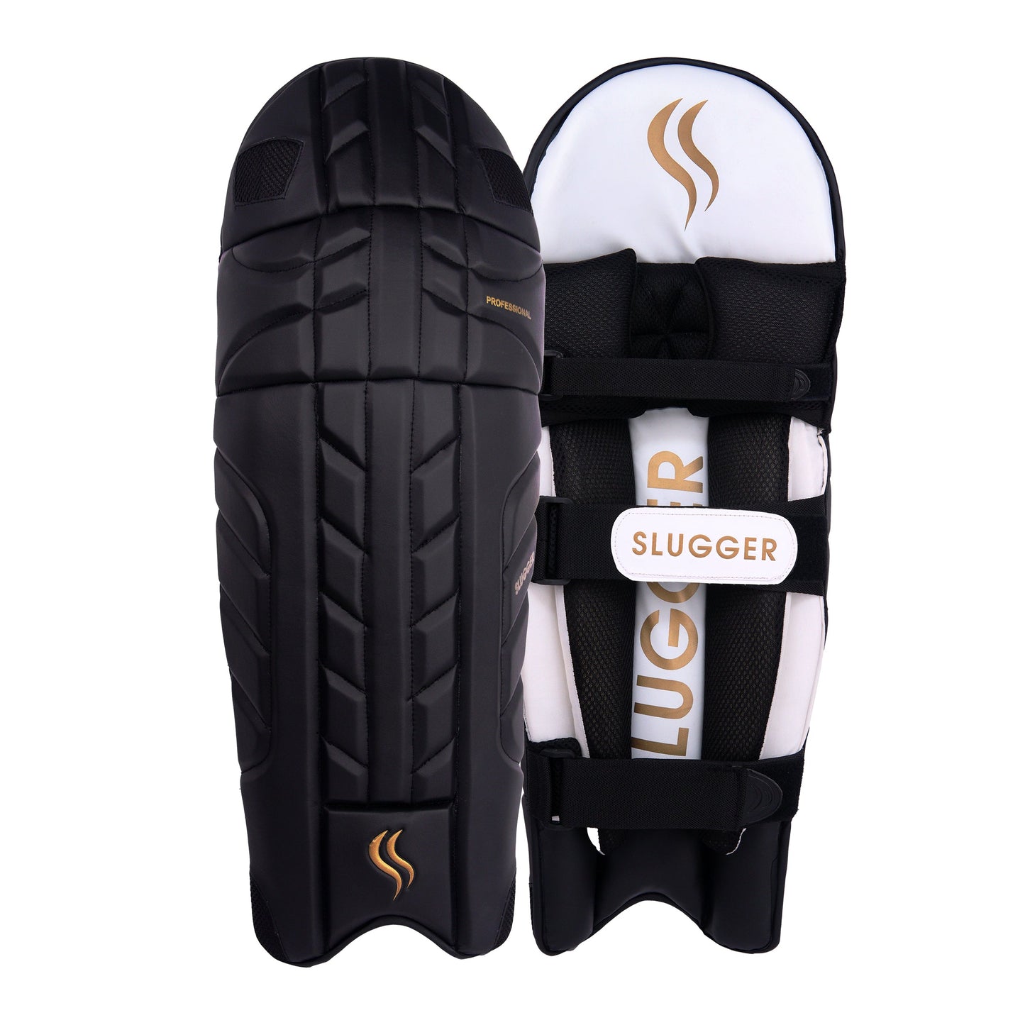 Black SLUGGER professional cricket batting pads, built for excellent grip, comfort, and impact protection