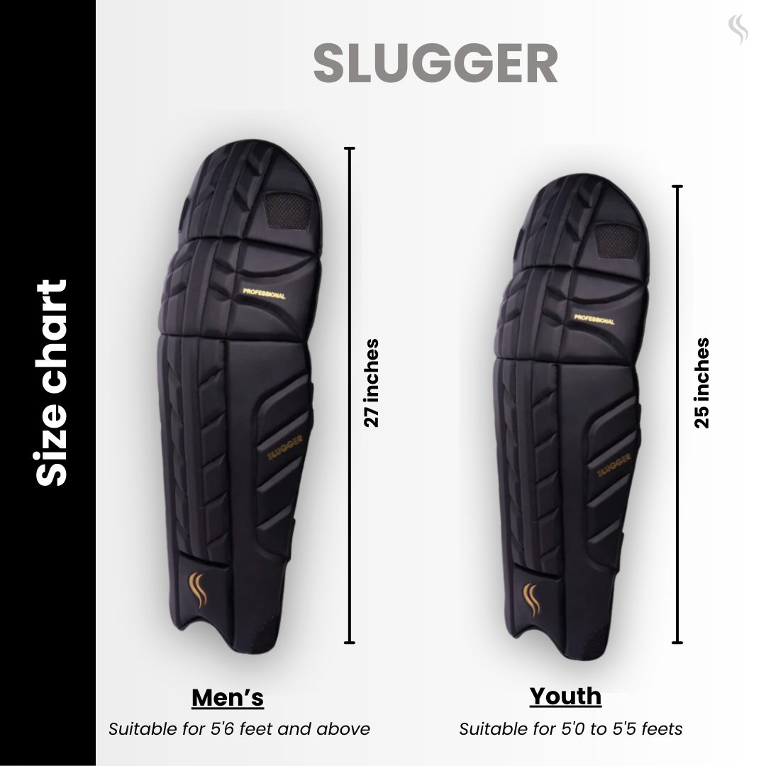 Slugger professional black cricket pads size chart showcasing men’s 27 inches pad available and for youth 25 inches pad available buy online.