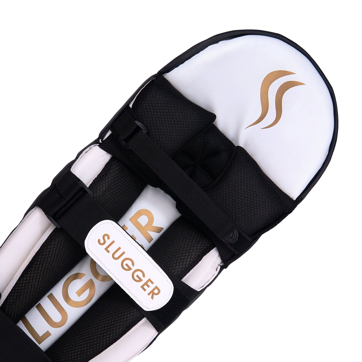 A single black professional cricket batting pad, close up shot from back, showcasing its intricate texture against a subtle neutral backdrop, buy online.