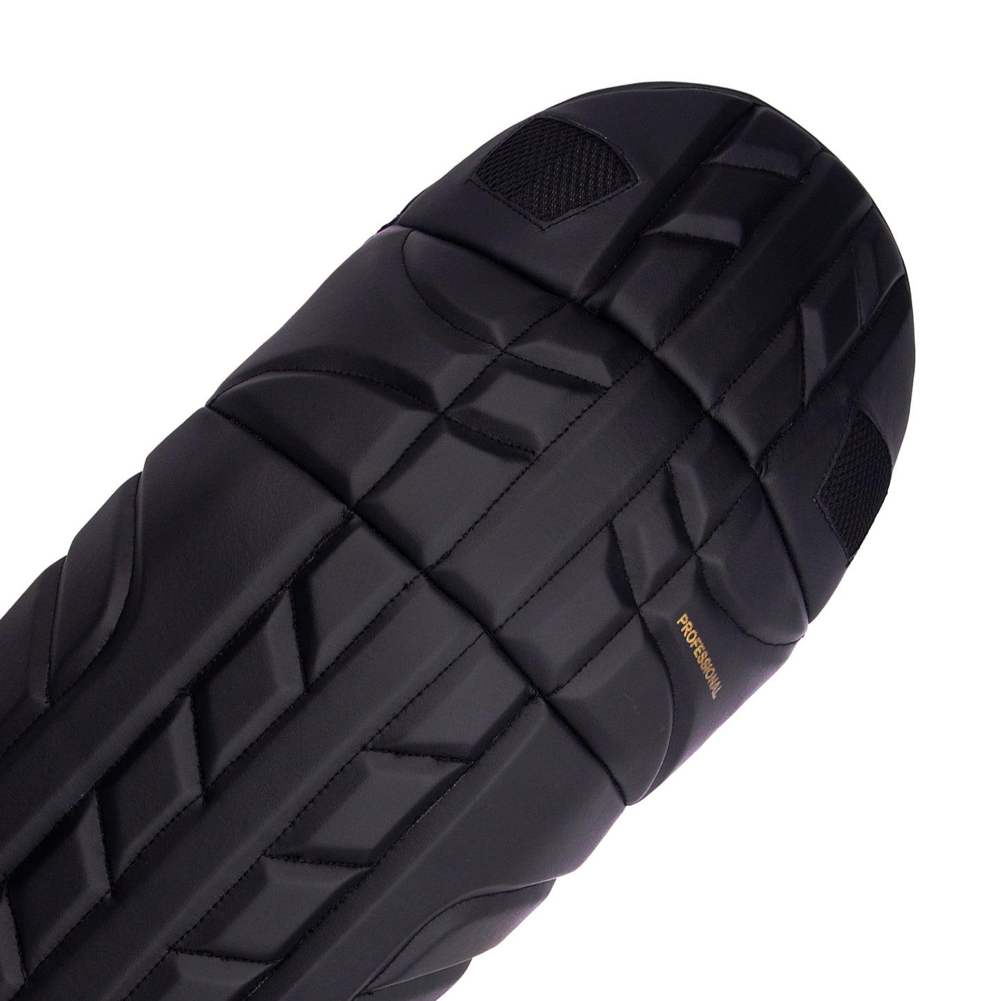 A Slugger Professional black cricket batting pad close shot from front, highlighting its elegant design and smooth finish, available online.