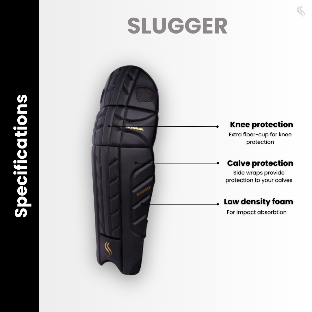 Black Slugger professional batting pads designed for knee protection, calve protection, and equipped with low density foam, ideal for enhancing performance on the field.