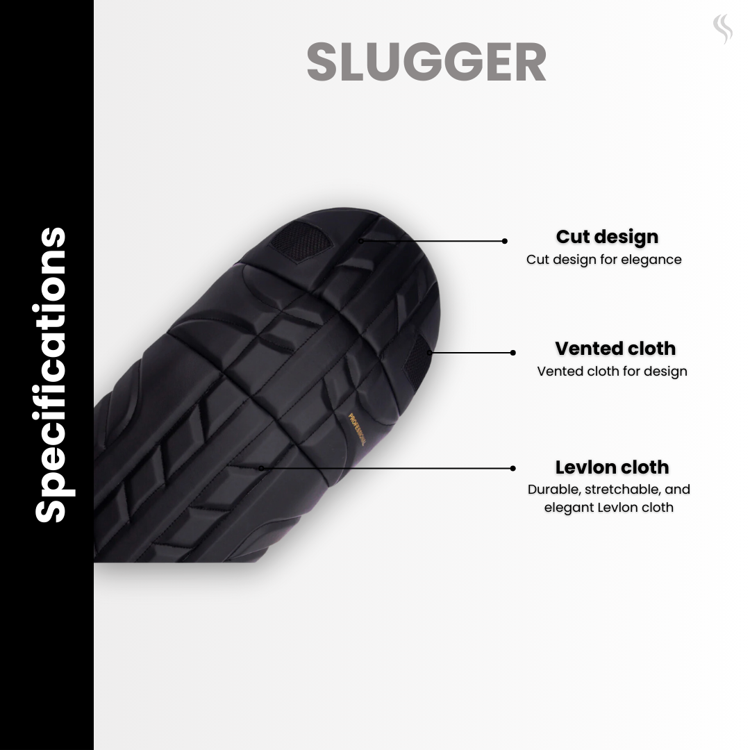 Black slugger professional cricket batting pads made from durable Levlon cloth,& vented cloth offering a cut design, perfect for players in search of top-tier pads online.