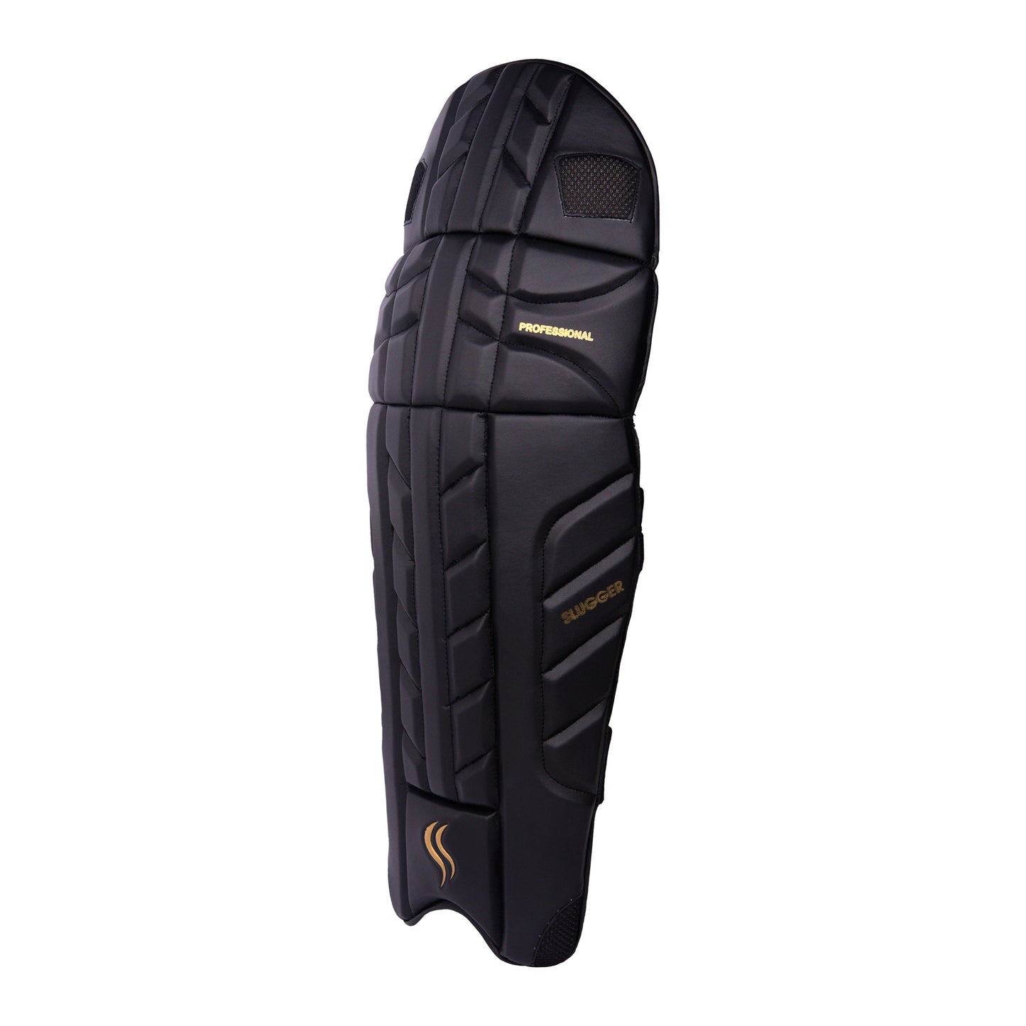 The Slugger Black Professional Cricket Batting Pad with plain white backdrop provides exceptional comfort, buy online.