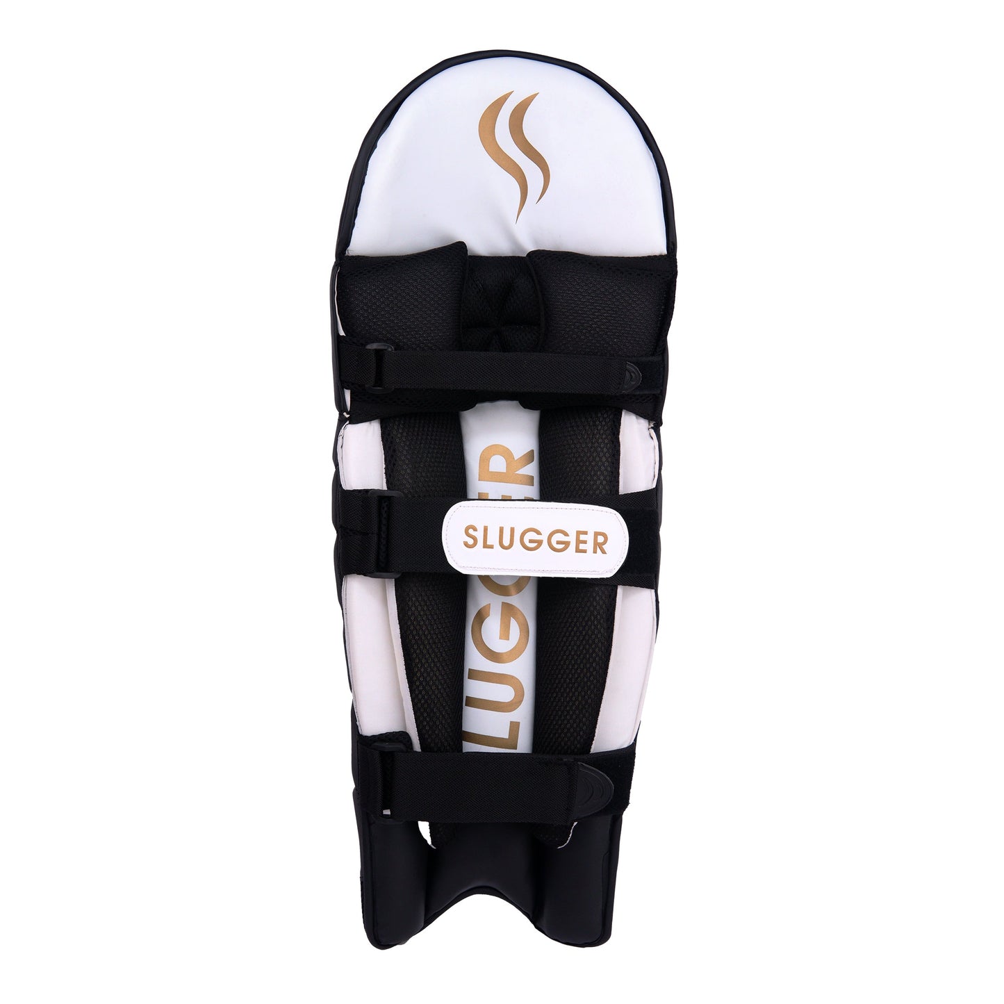 A single black professional cricket batting pad, displaying its back side, showcasing its intricate texture and elegant design against a soft neutral backdrop, is available online.