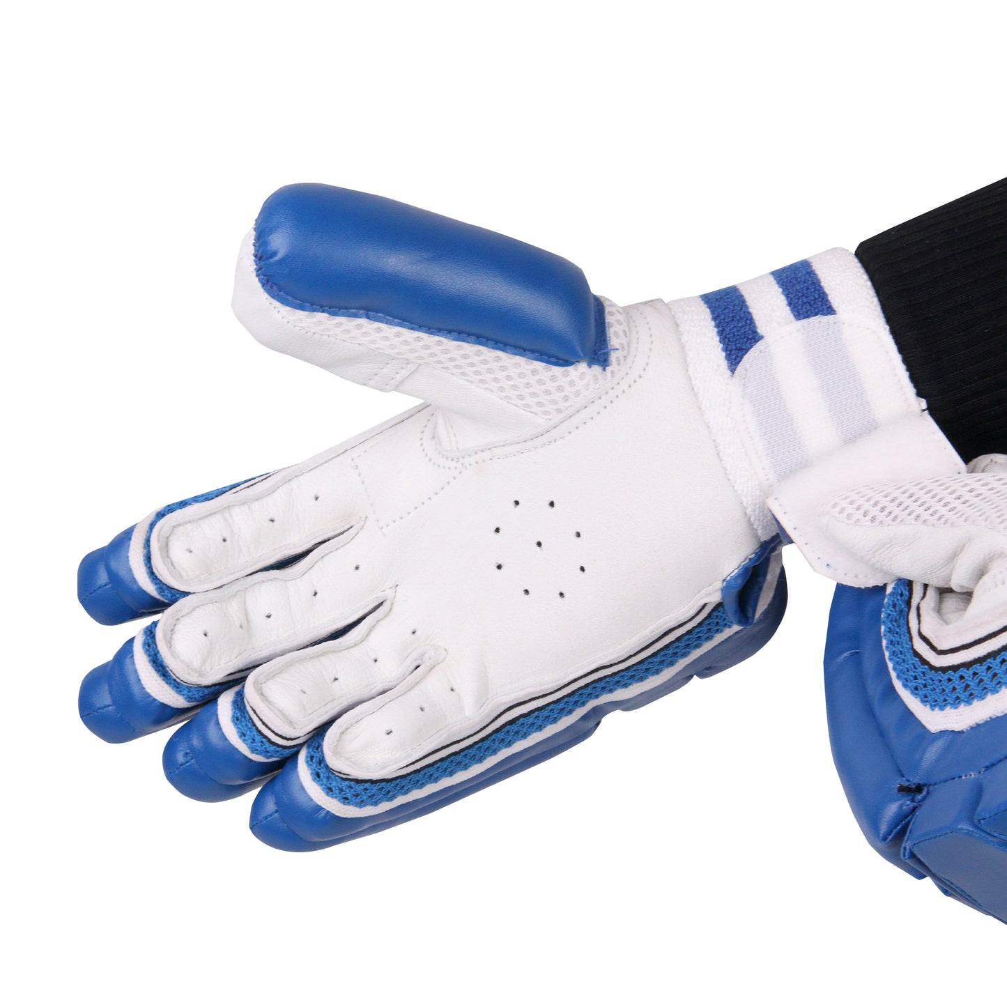 A single blue SLUGGER cricket batting glove with the palm facing forward, highlighting its detailed texture and refined design against a white backdrop.