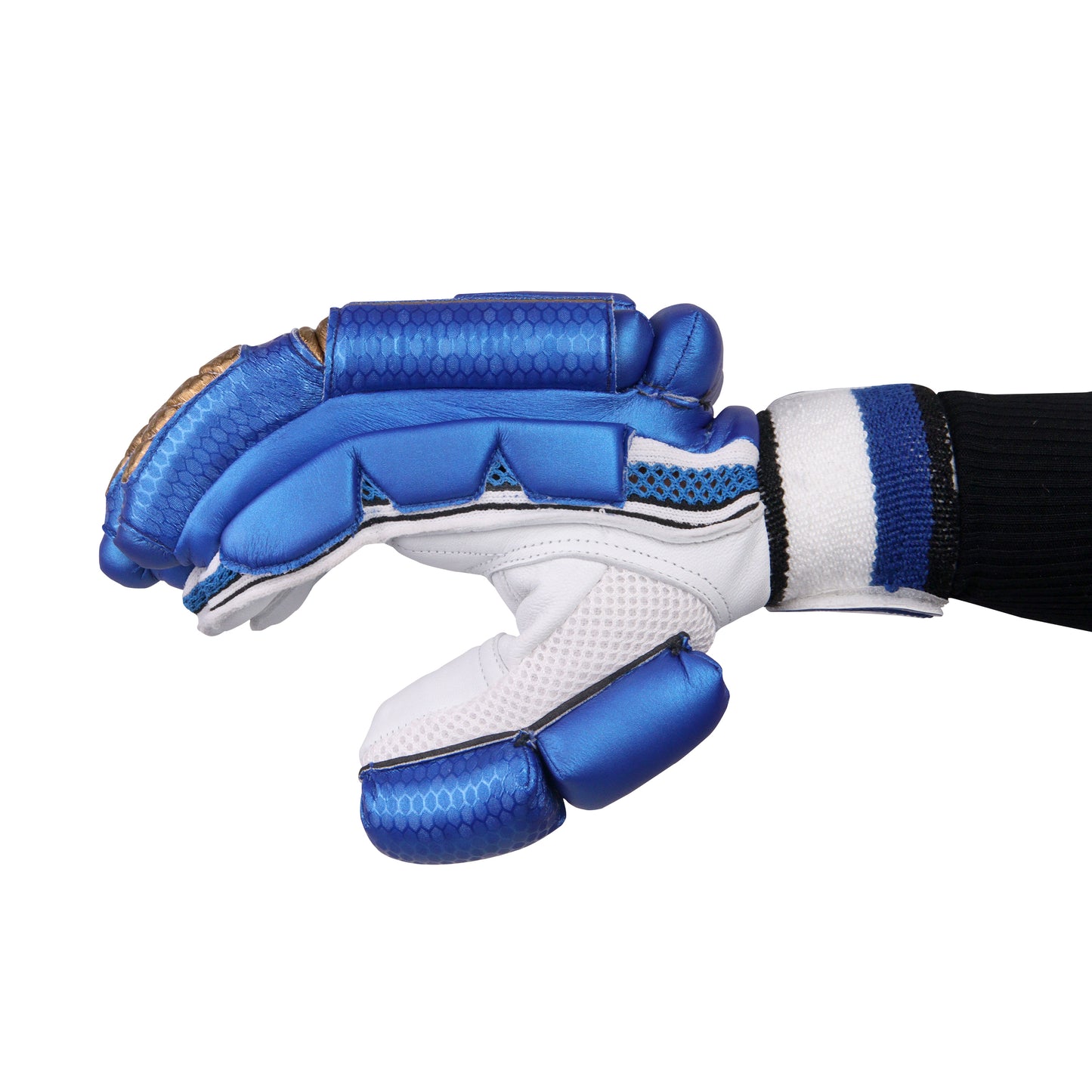 A Slugger Professional blue cricket batting glove displayed from the side, emphasizing its refined design and smooth, polished finish.