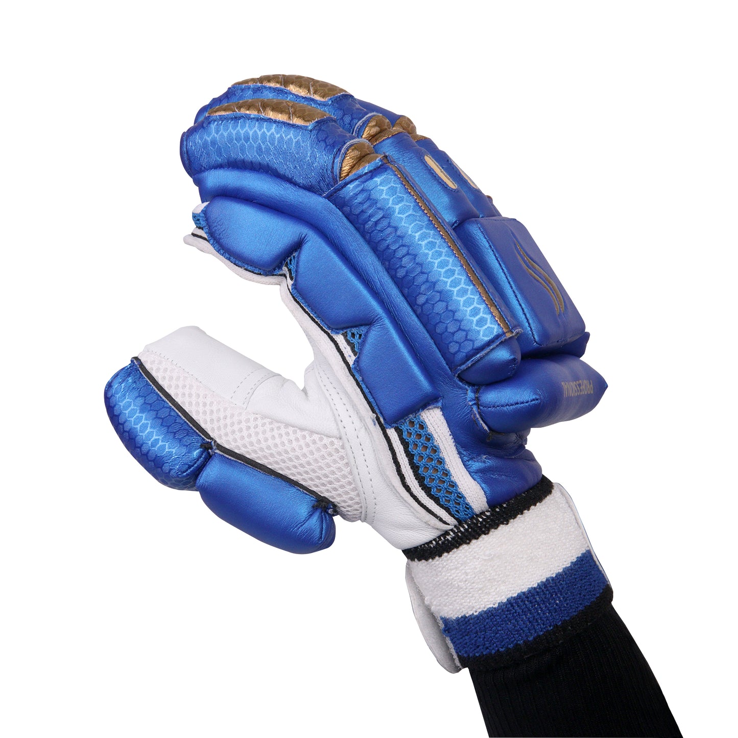 A Slugger single blue cricket batting glove shown from the side, highlighting its detailed texture and sophisticated design against a subtle neutral background