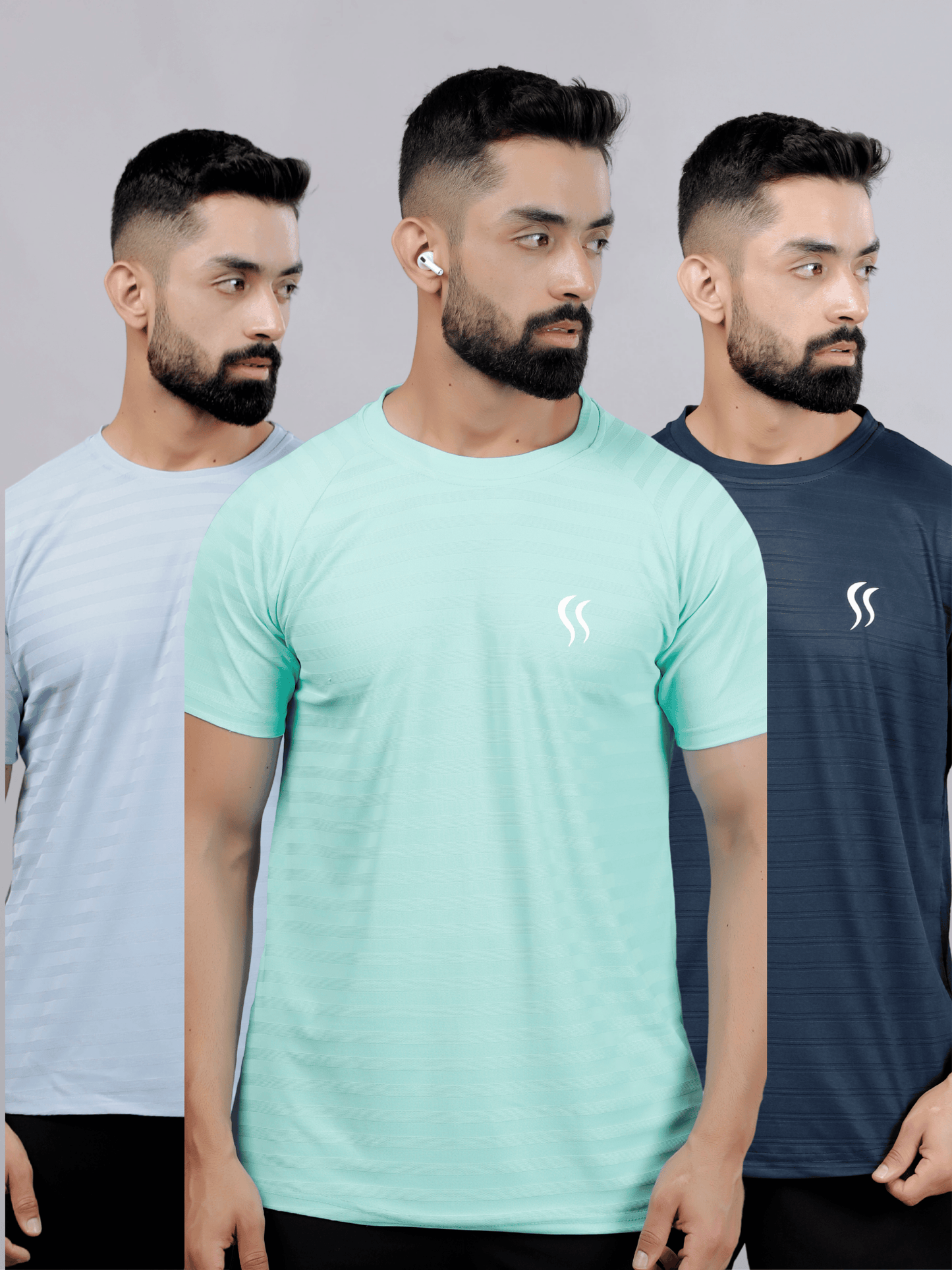 3 Dry fit T-Shirt combo Sea green, Sky blue, and Navy blue | Round neck & Regular fit