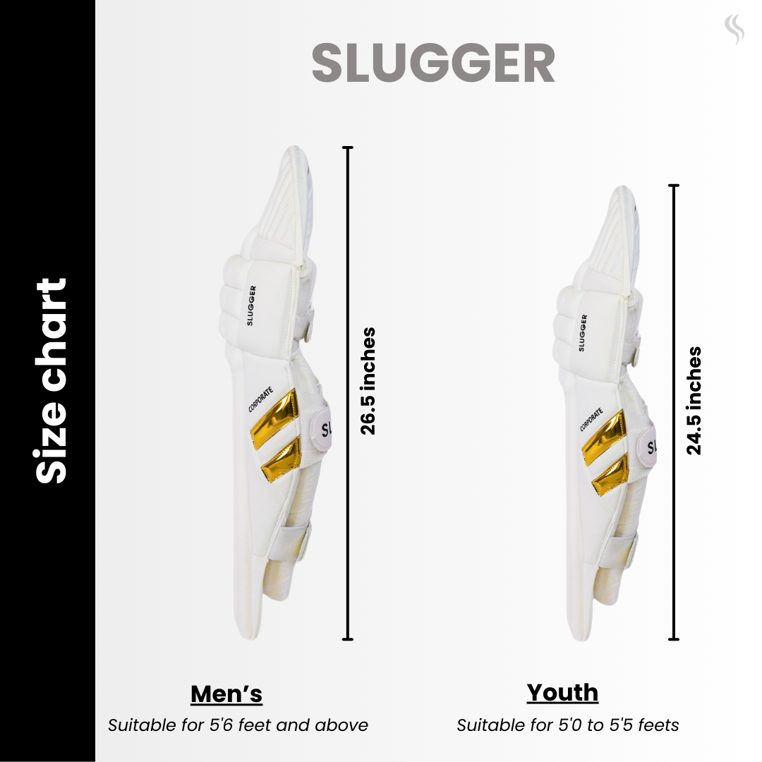 Size Chart of Slugger Cricket Batting pads showing its size for both Men 26.5 inches and Youth 24.5 inches; available online.