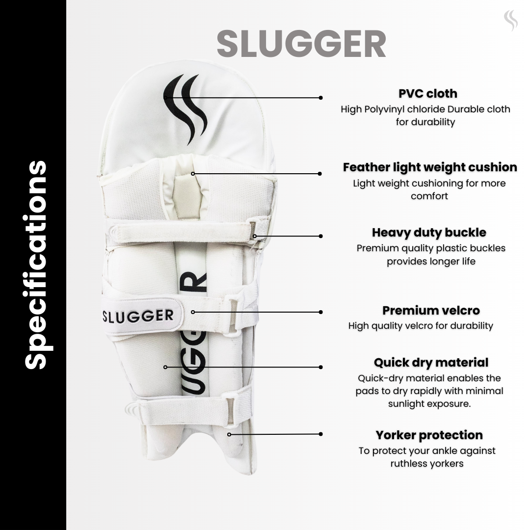 White cricket batting pads designed for yorker protection, heavy duty buckle, feather light weight cushion, premium velcro, quick dry material,and PVC cloth; Buy cricket pads online.