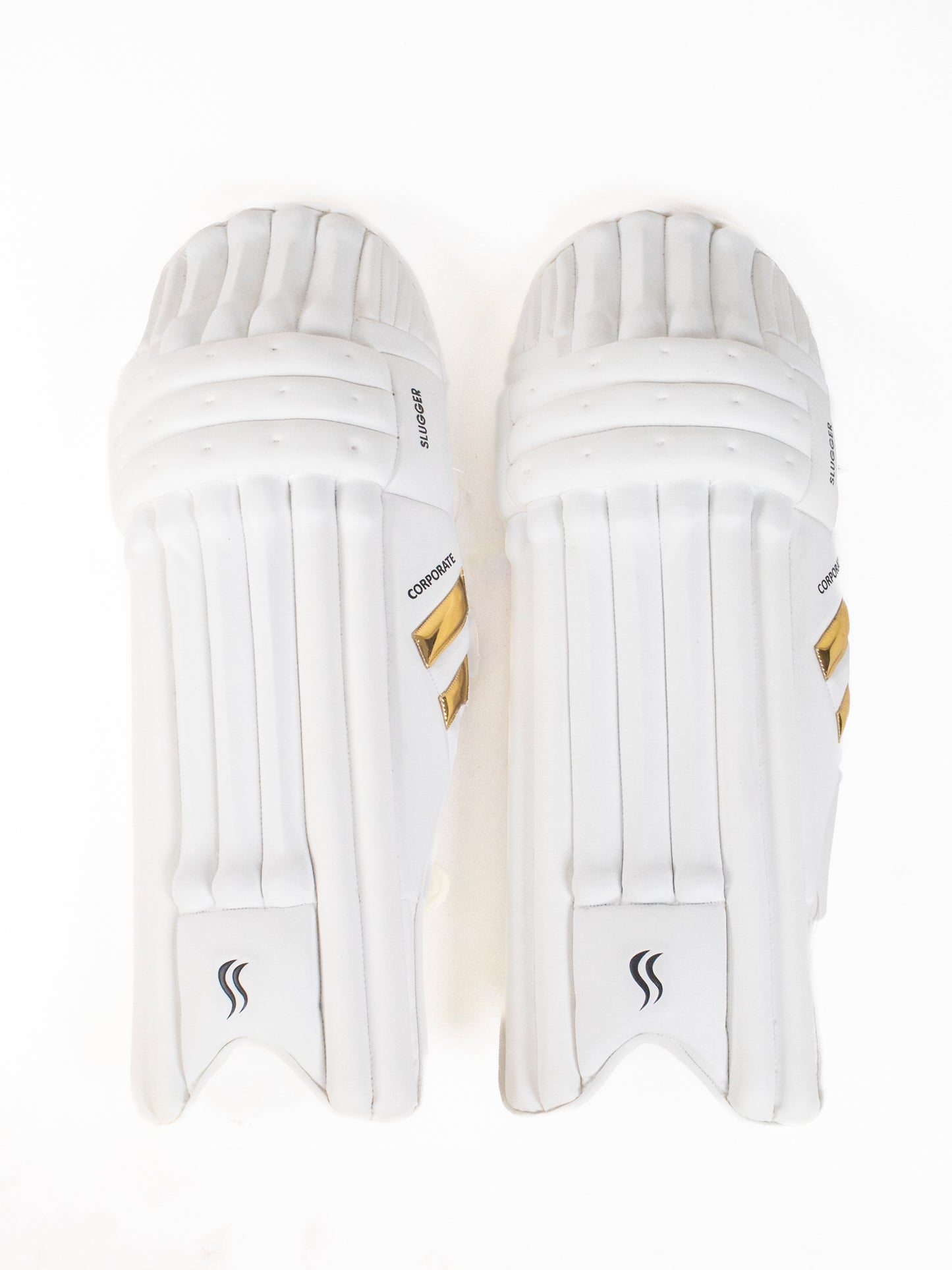 A Slugger White Cricket Batting pads Corporate series on a white background, available online.