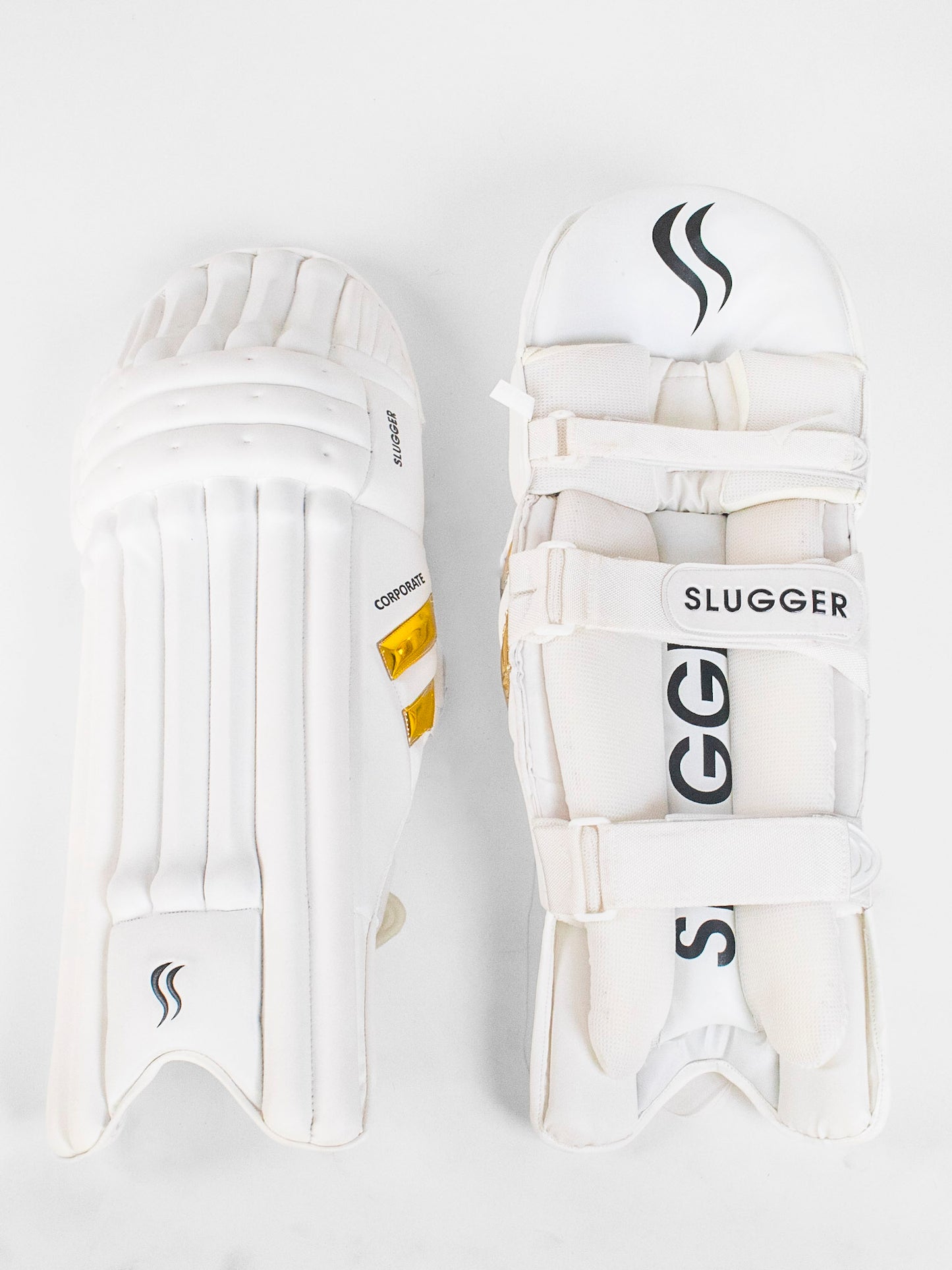 A white cricket batting pads displayed prominently on both sides, showcasing its texture and design against a neutral background.
