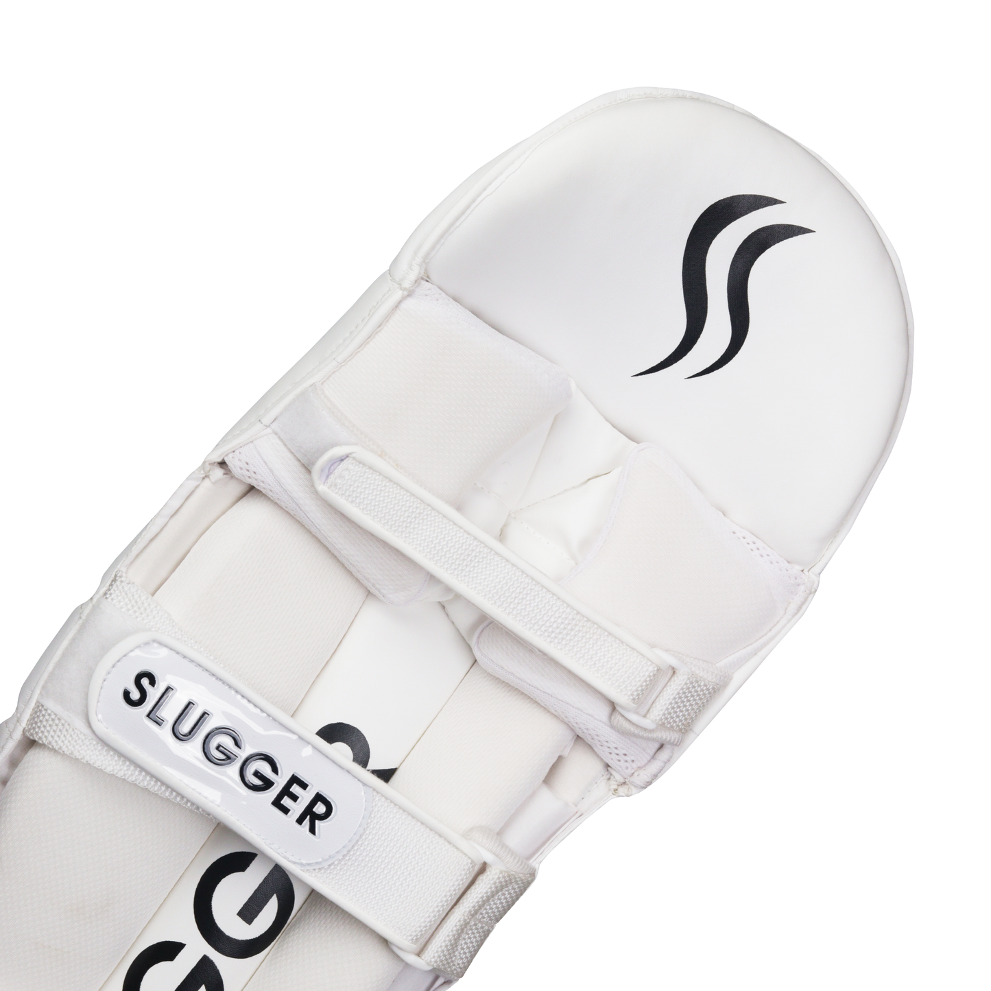 A close up shot of slugger player white cricket pad from back side showcasing its flawless design, buy online.