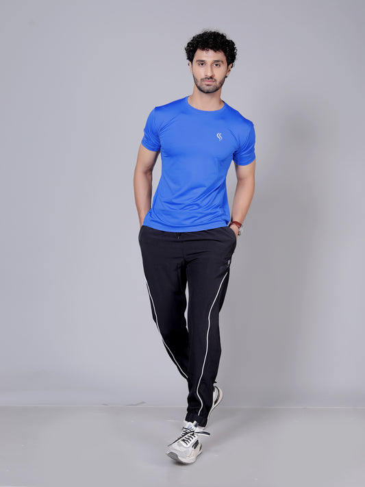 Ultra soft T-shirt and stripe joggers workout combo | Royal blue T-shirt and black jogger