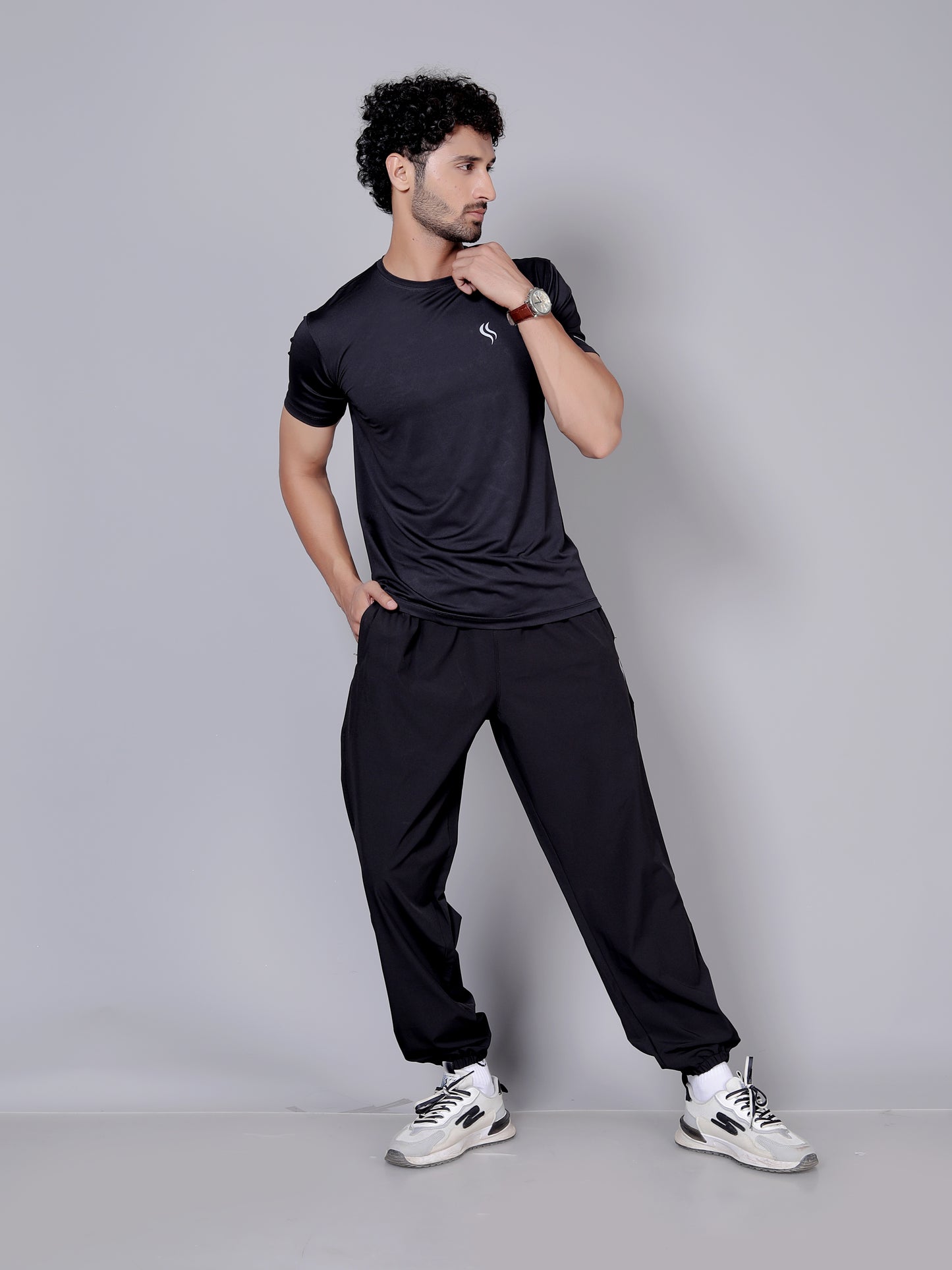 Ultra soft T-shirt and stripe joggers workout combo | Black T-shirt and black jogger
