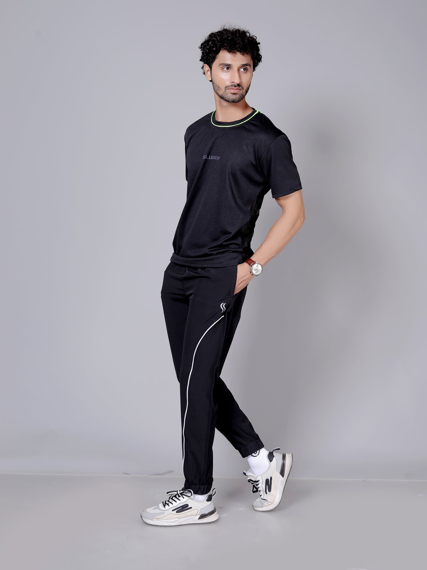 Dry fit neon and stripe joggers workout combo | Black Neon T-shirt and black jogger