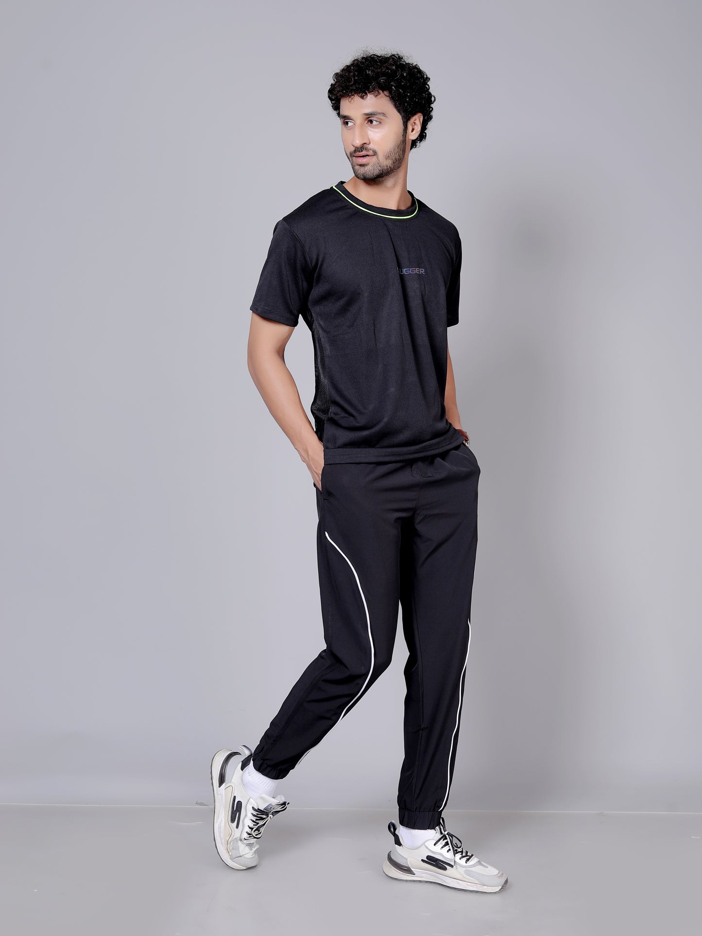 Dry fit neon and stripe joggers workout combo | Black Neon T-shirt and black jogger