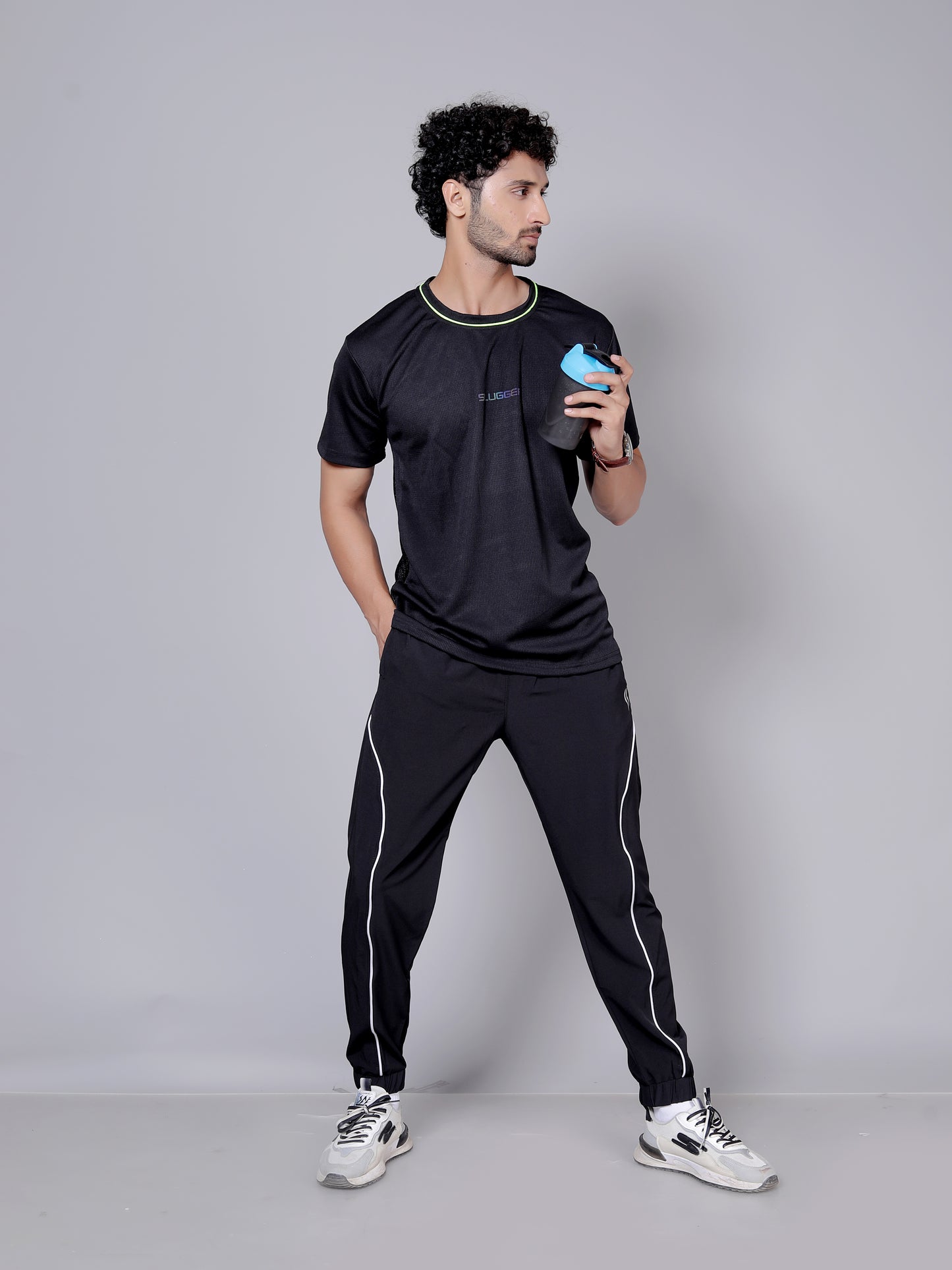 Dry fit neon and stripe joggers workout combo | Black Neon T-shirt and black jogger