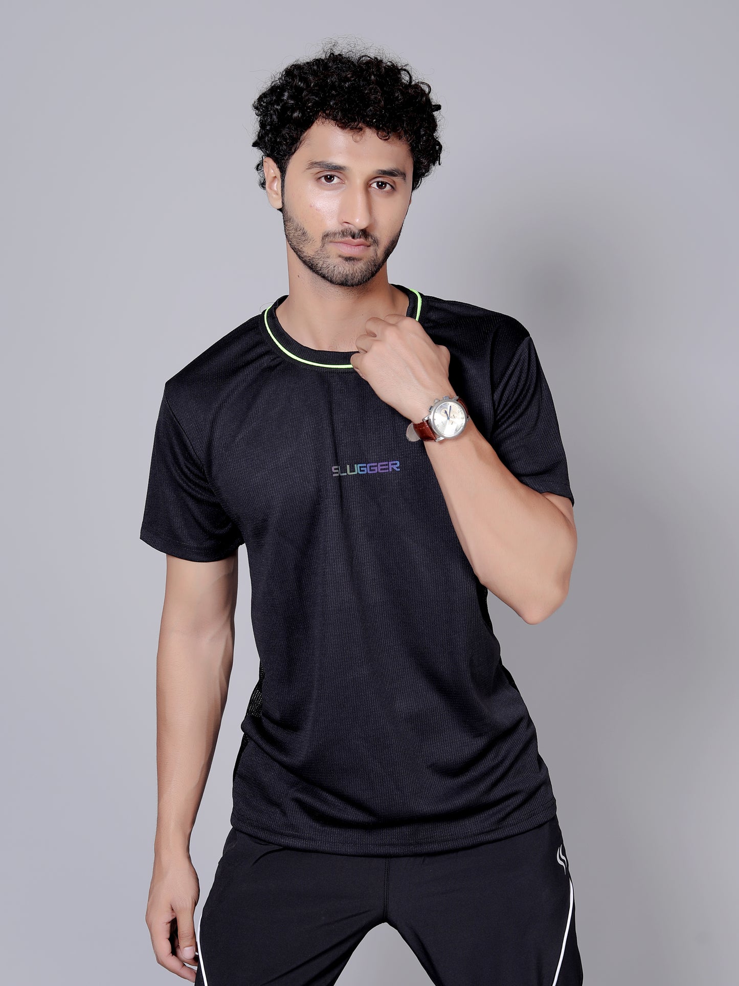 Dry fit neon and stripe joggers workout combo | Black Neon T-shirt and black jogger