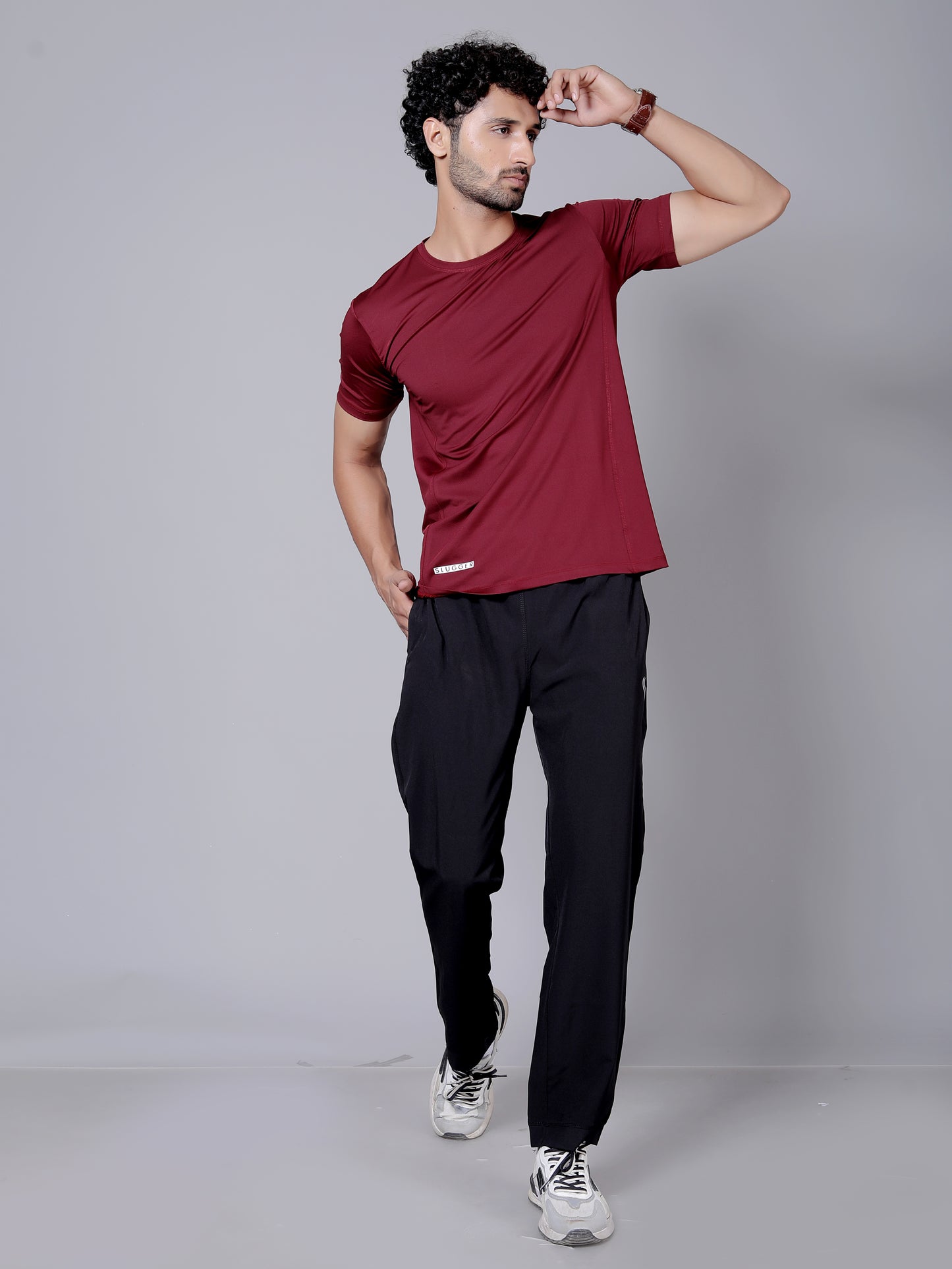 Ultra soft T-shirt and joggers workout combo | Maroon T-shirt and black jogger