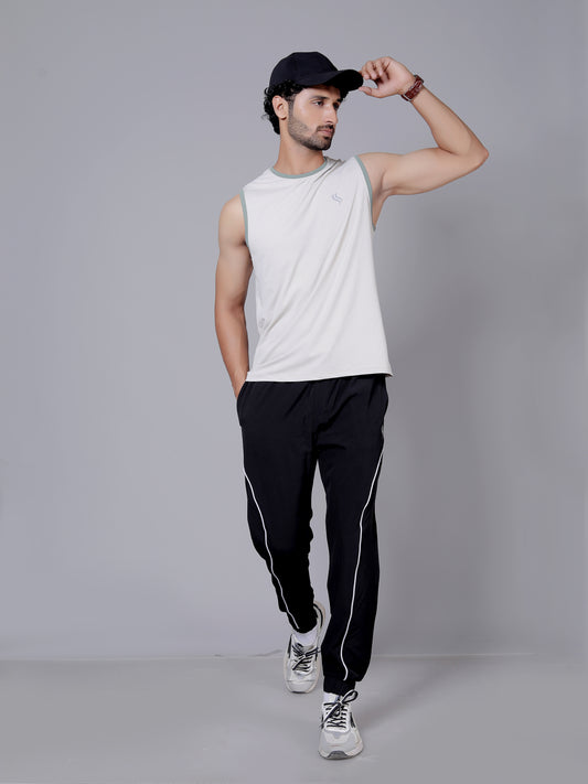 Ultra soft sleeveless T-shirt and joggers workout combo | White T-shirt and black jogger