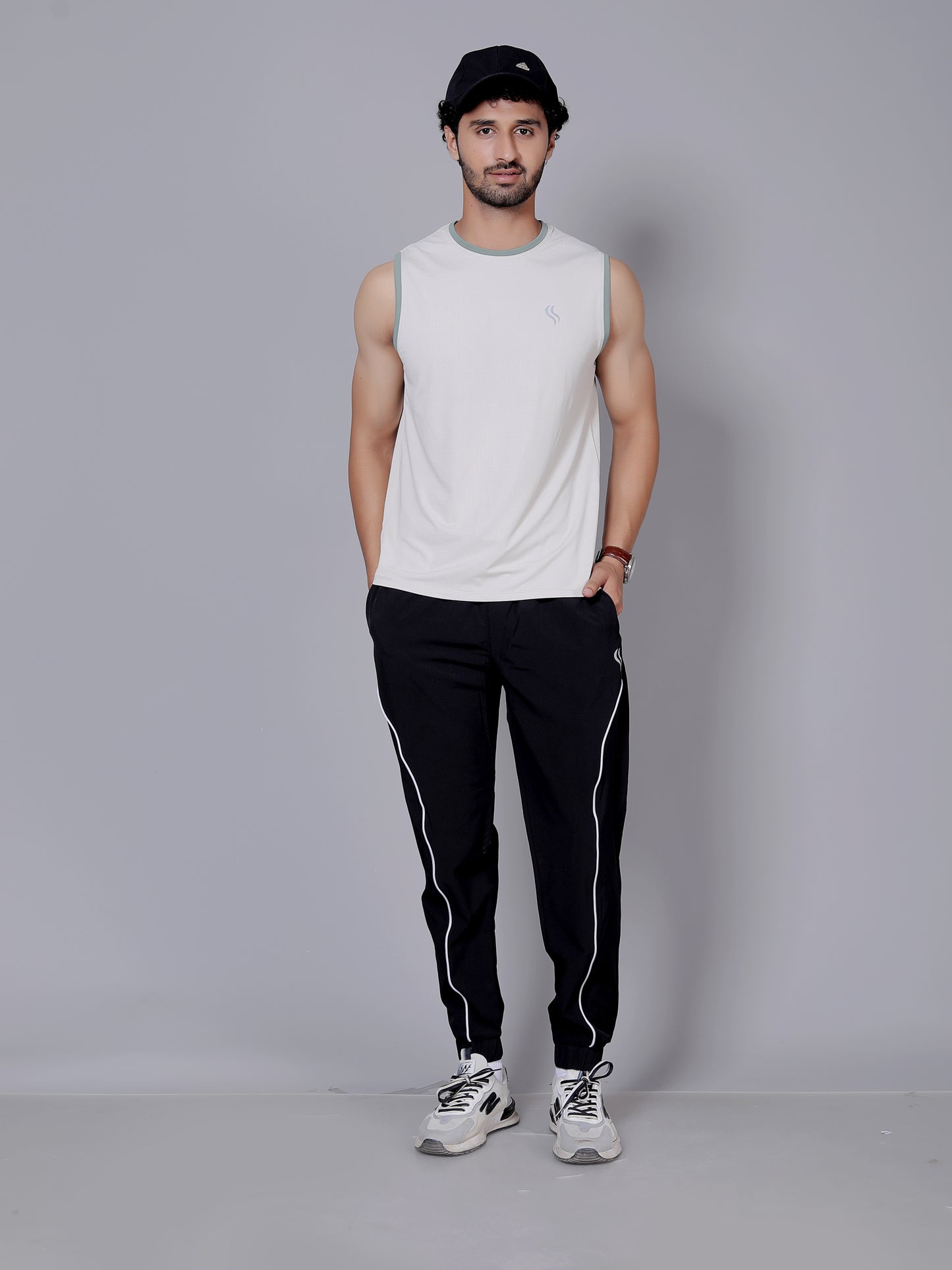 Ultra soft sleeveless T-shirt and joggers workout combo | White T-shirt and black jogger