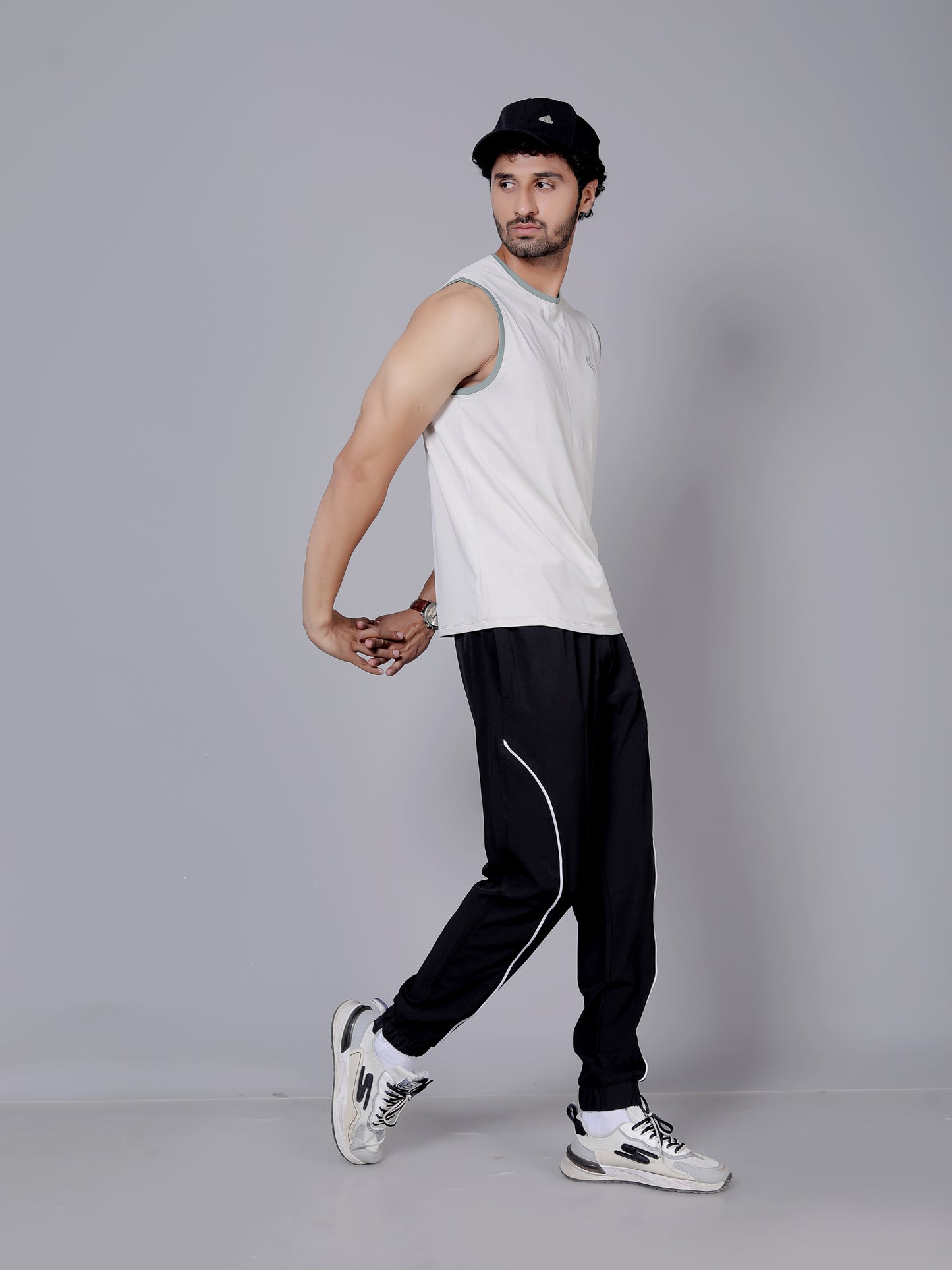 Ultra soft sleeveless T-shirt and joggers workout combo | White T-shirt and black jogger