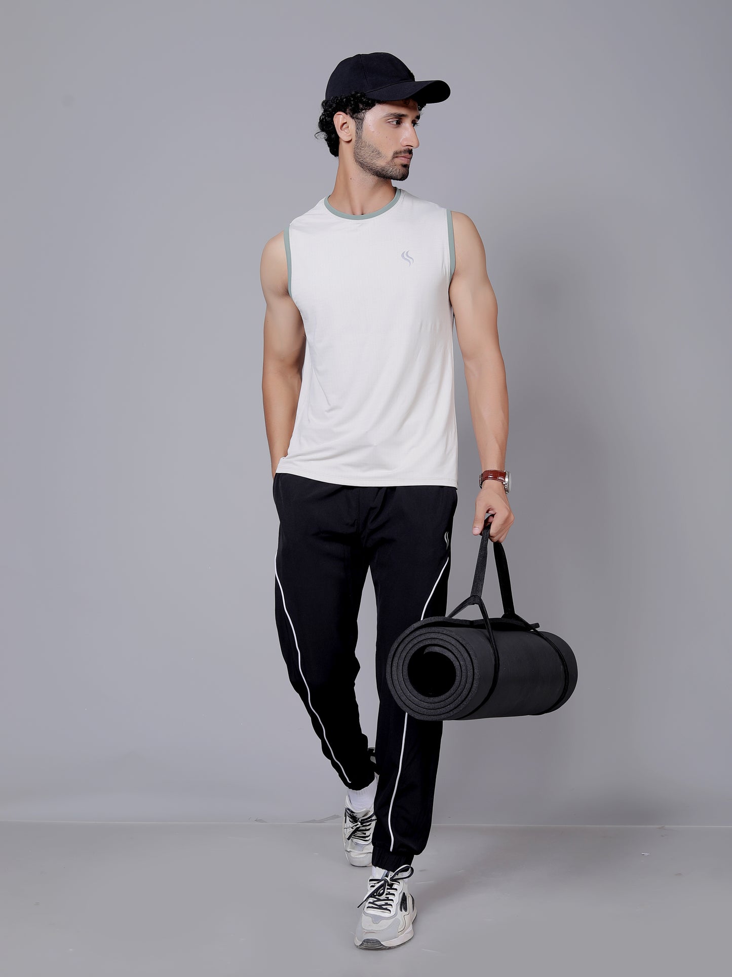 Ultra soft sleeveless T-shirt and joggers workout combo | White T-shirt and black jogger