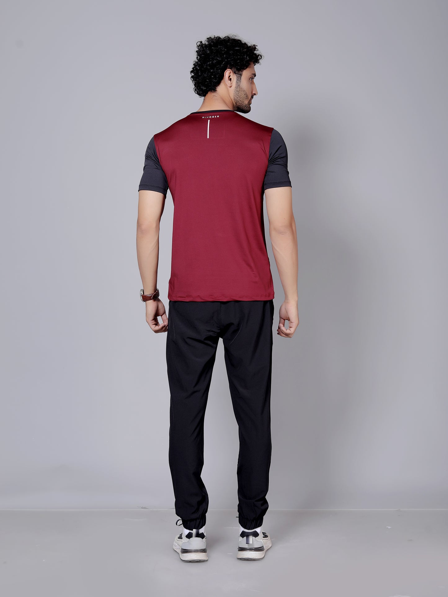 Ultra soft T-shirt and stripe joggers workout combo | Maroon & black T-shirt and black jogger