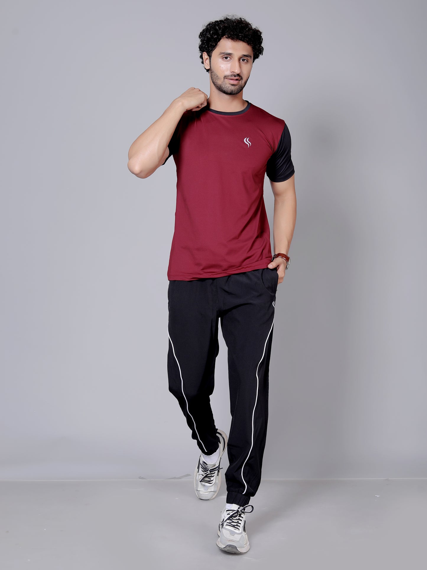 Ultra soft T-shirt and stripe joggers workout combo | Maroon & black T-shirt and black jogger
