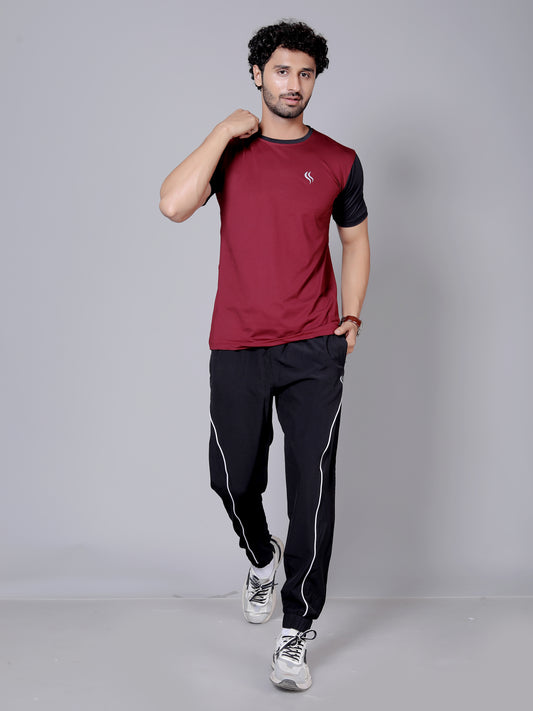 Ultra soft T-shirt and stripe joggers workout combo | Maroon & black T-shirt and black jogger