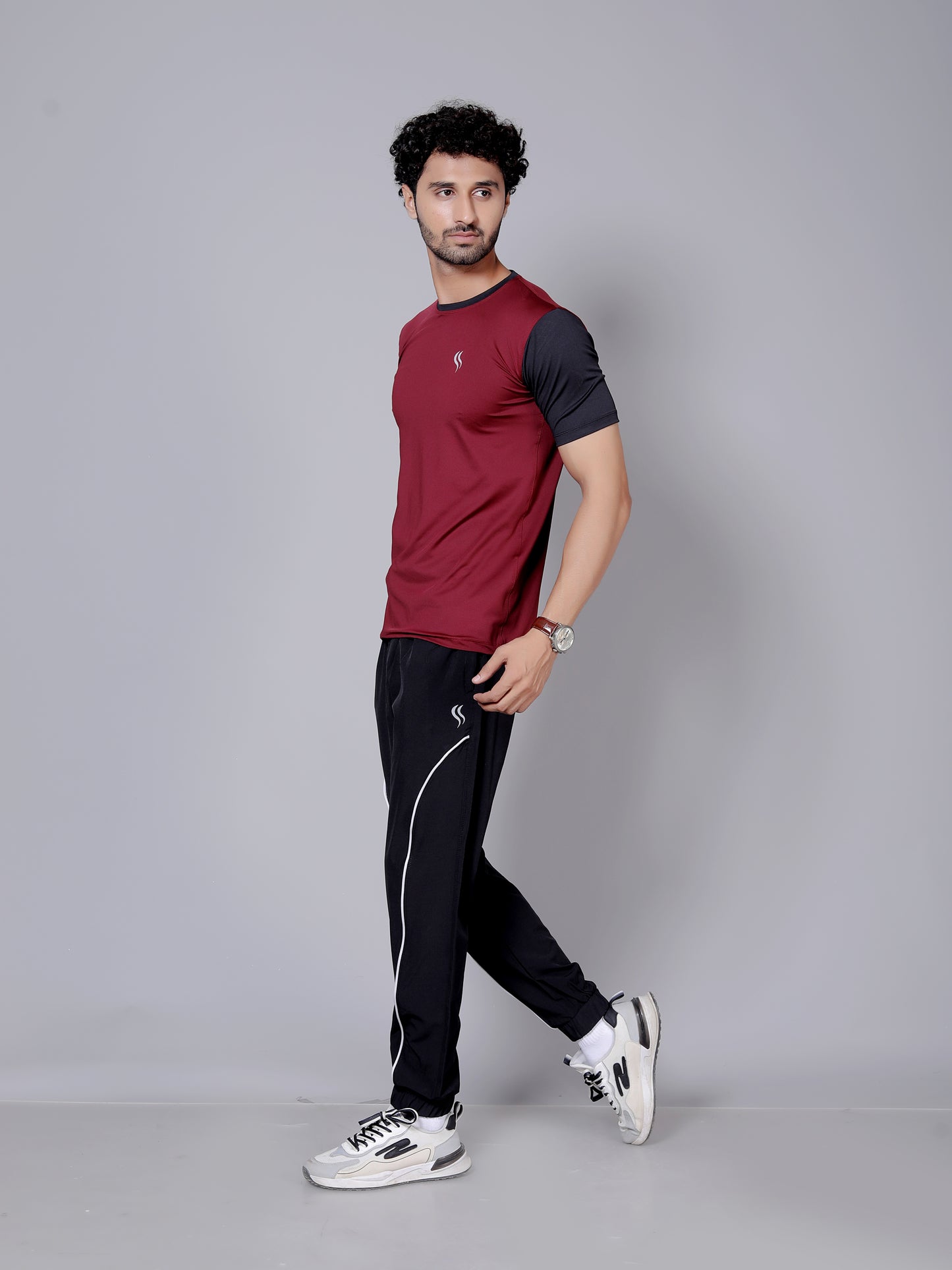 Ultra soft T-shirt and stripe joggers workout combo | Maroon & black T-shirt and black jogger