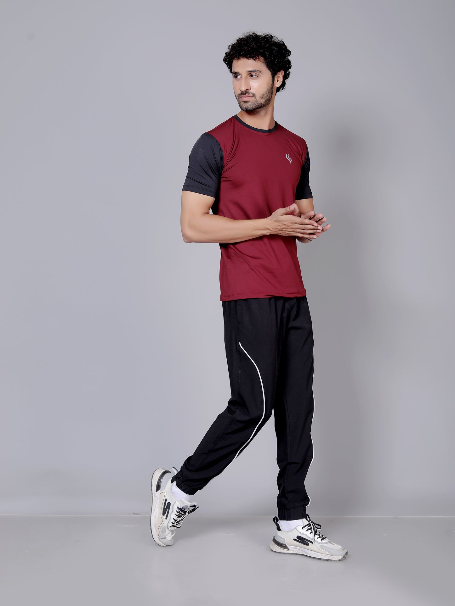 Ultra soft T-shirt and stripe joggers workout combo | Maroon & black T-shirt and black jogger