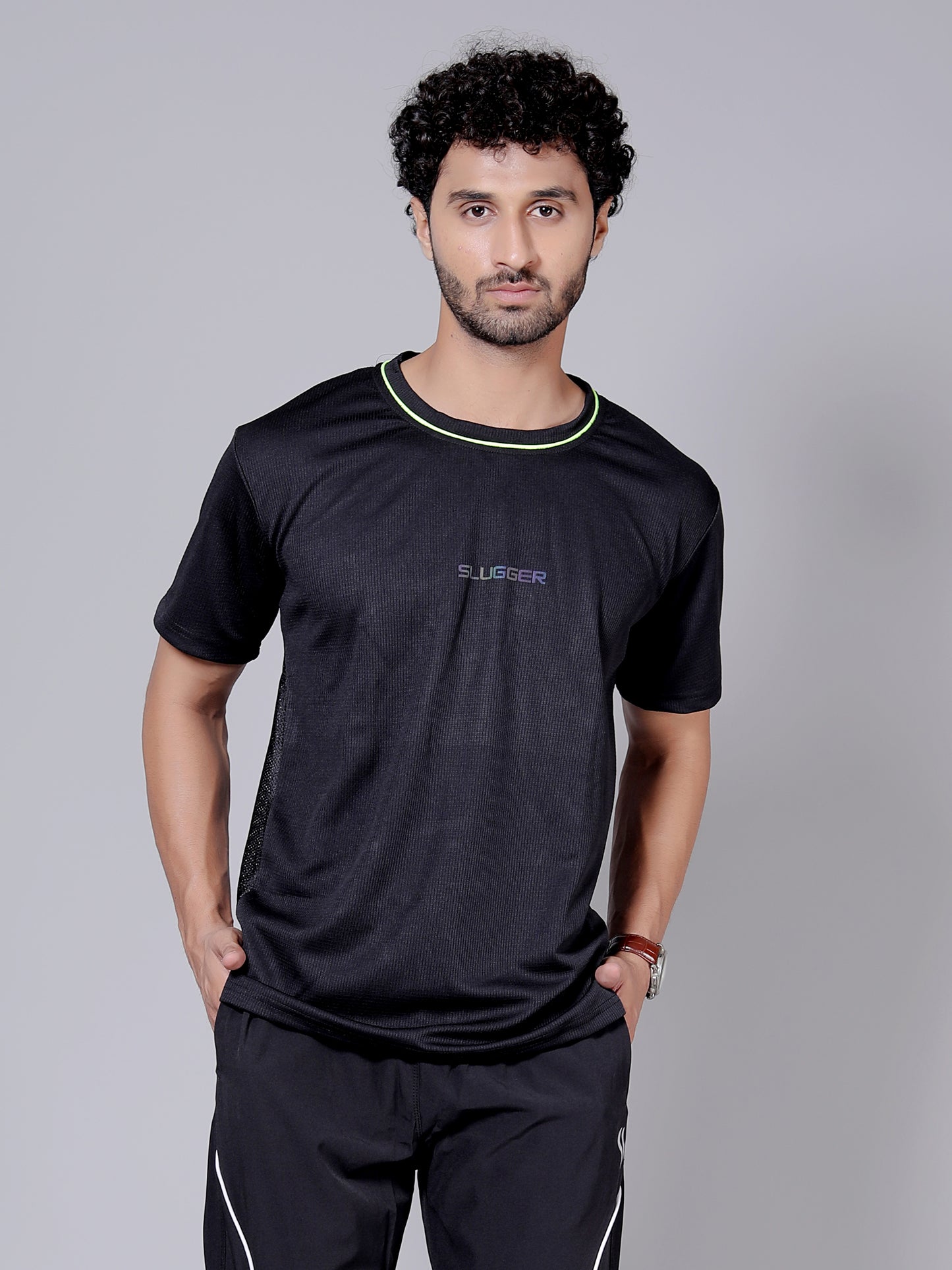 Dry fit neon and stripe joggers workout combo | Black Neon T-shirt and black jogger