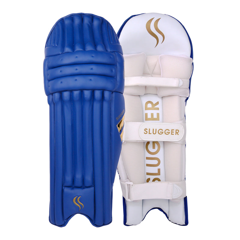 SLUGGER Corporate combo of Blue Batting Leg guards/Pads, White Gloves, and White Thigh guard/pad