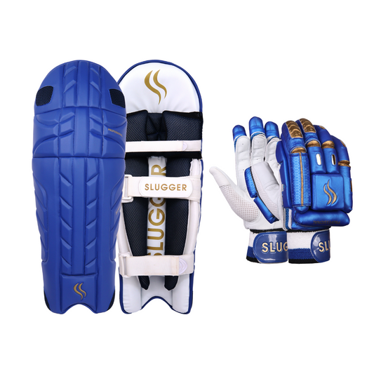 SLUGGER Professional Blue series combo of Cricket Batting leg guards/pads and Gloves