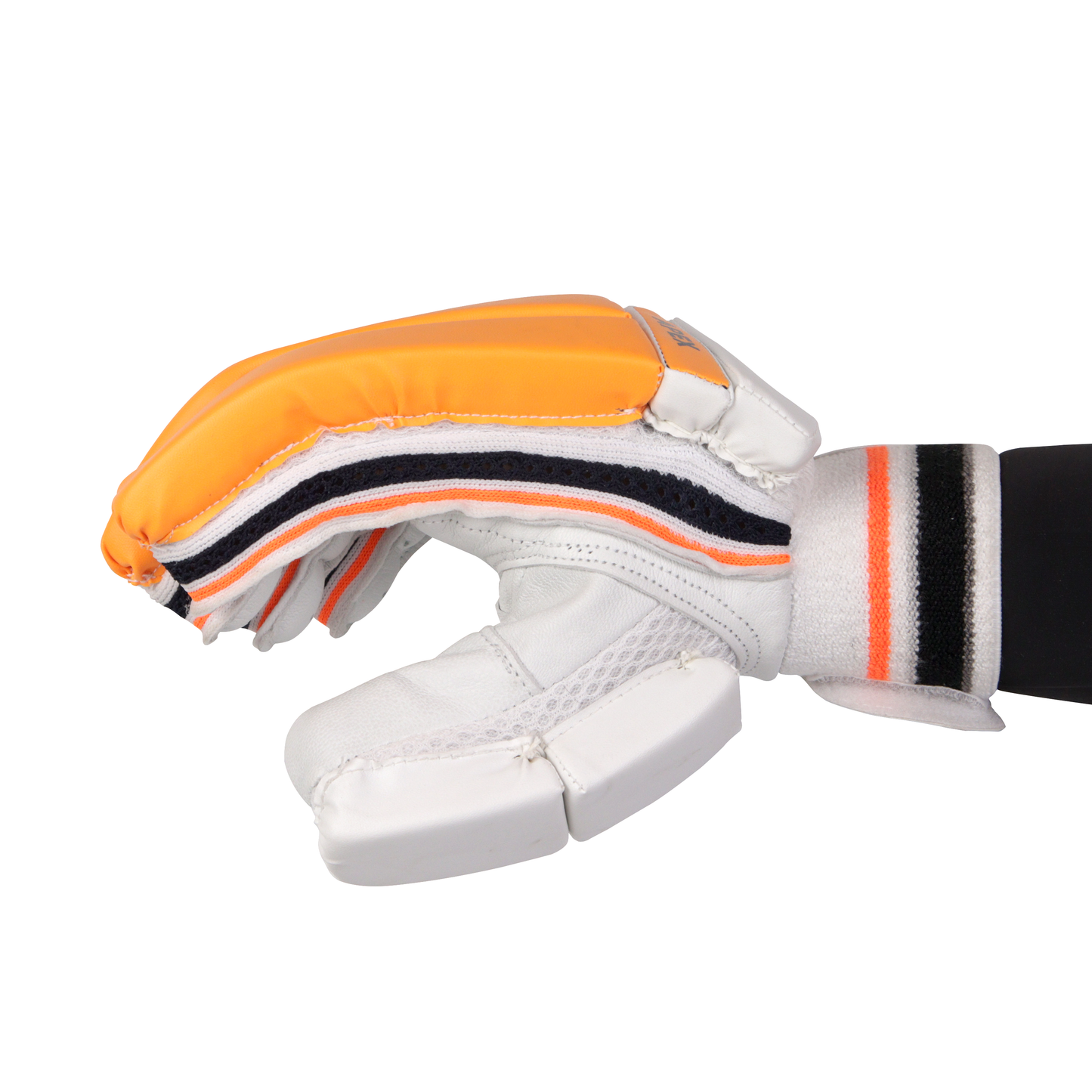 A Slugger Apex cricket batting glove displayed from the side, emphasizing its refined design and smooth, polished finish