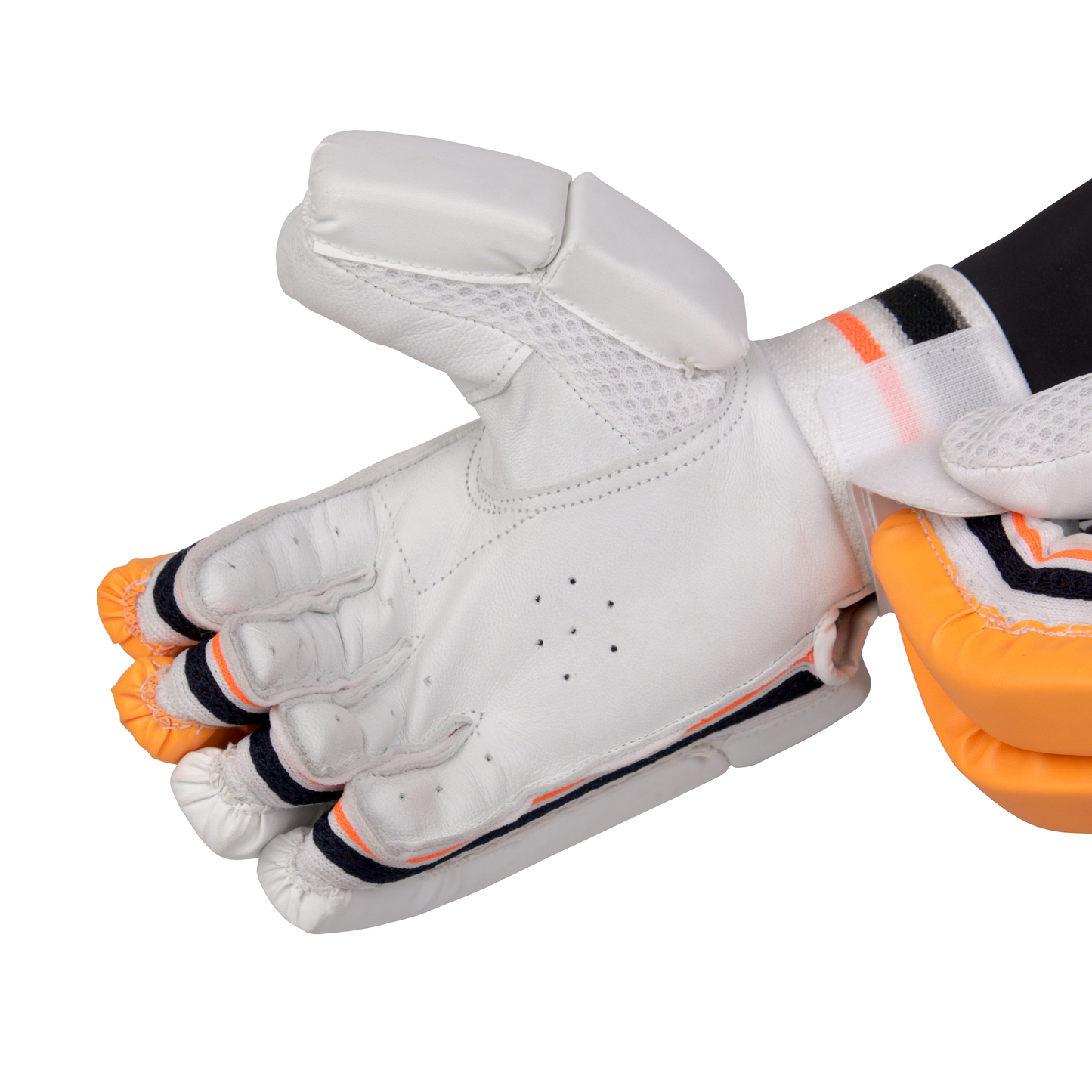 A single Slugger Apex cricket batting glove, palm facing forward, displaying its detailed texture and elegant design against a soft, white backdrop.