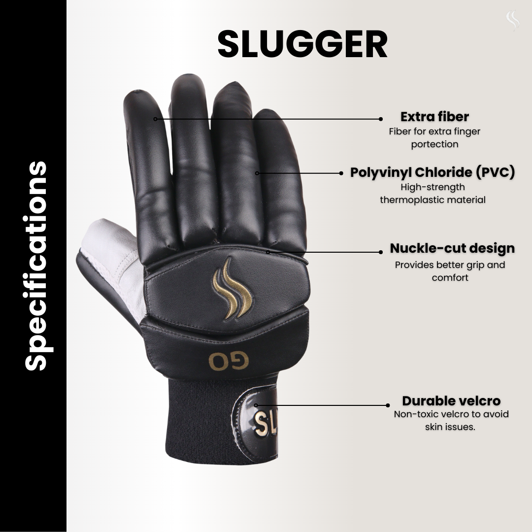 Black cricket batting gloves crafted from durable PVC, featuring extra fiber protection, a knuckle-cut design, and strong Velcro, ideal for players seeking top-quality cricket gloves online.